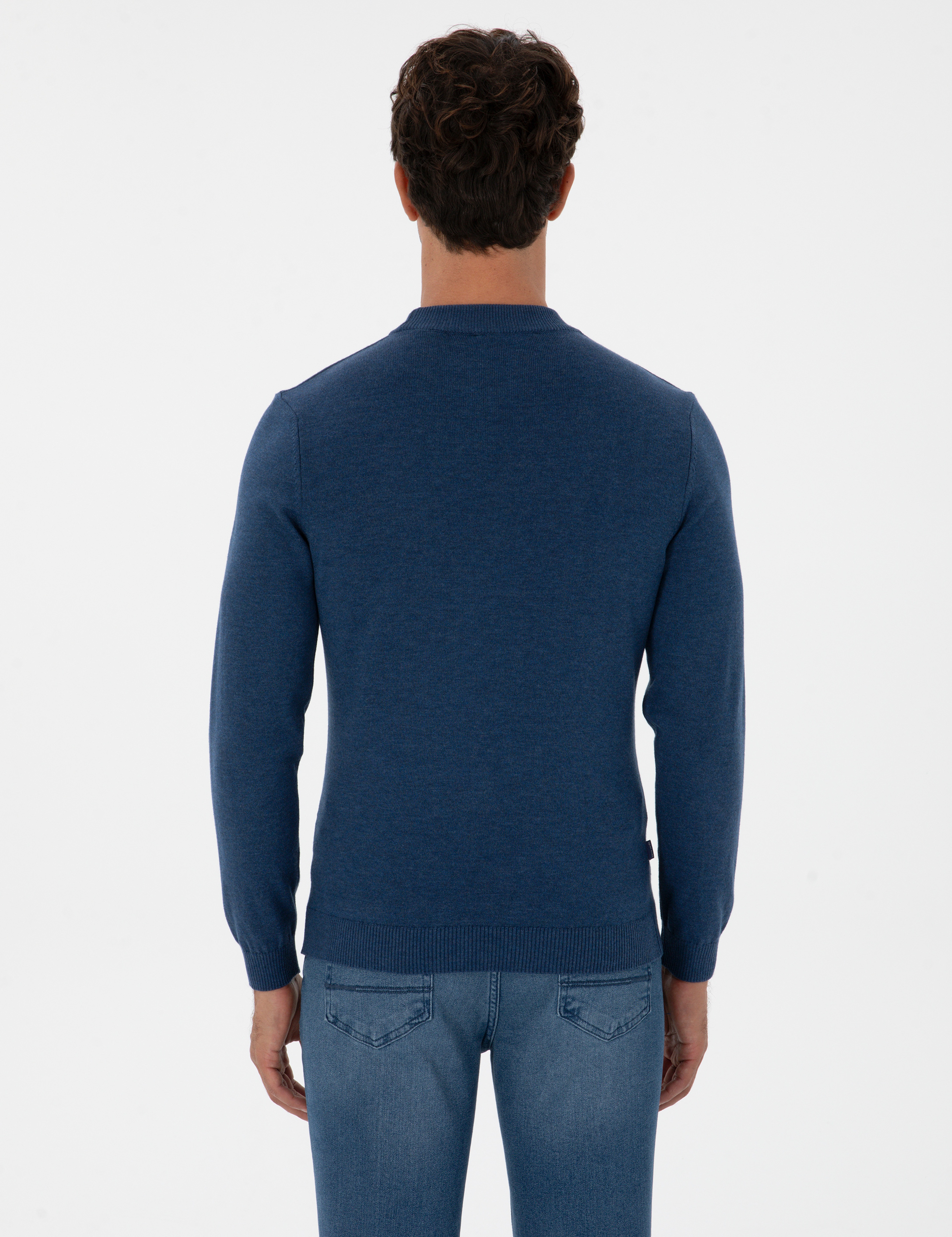 İndigo Melanj Slim Fit Çeyrek Yaka Basic Triko Kazak - Image 5