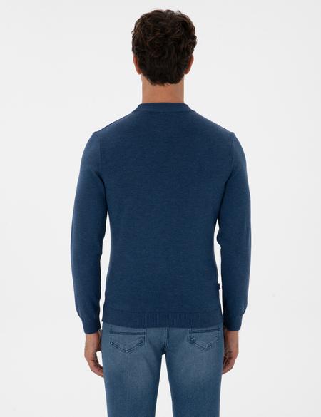 İndigo Melanj Slim Fit Çeyrek Yaka Basic Triko Kazak - 50315456057