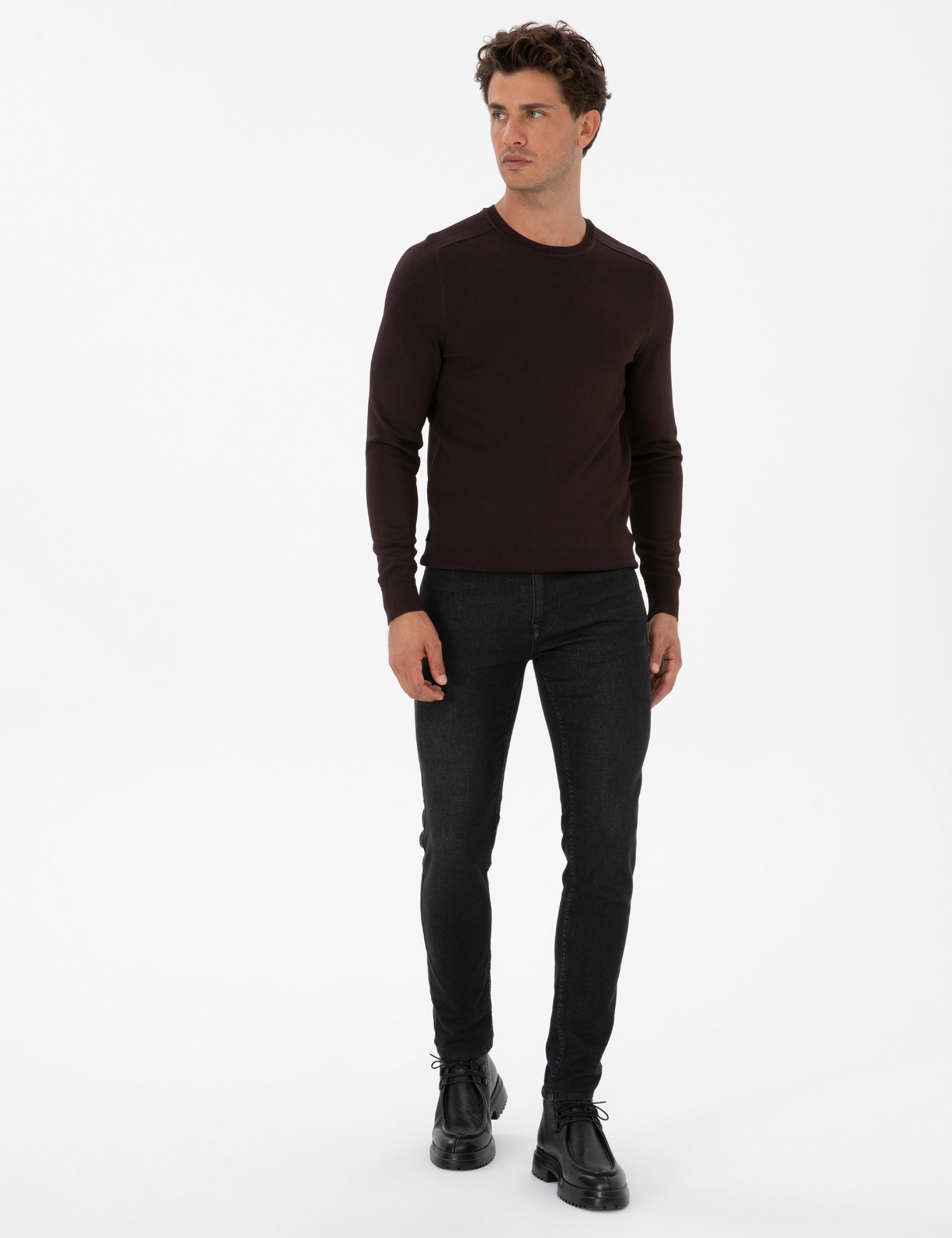 Koyu Kahverengi Slim Fit Bisiklet Yaka Rayon Triko Kazak