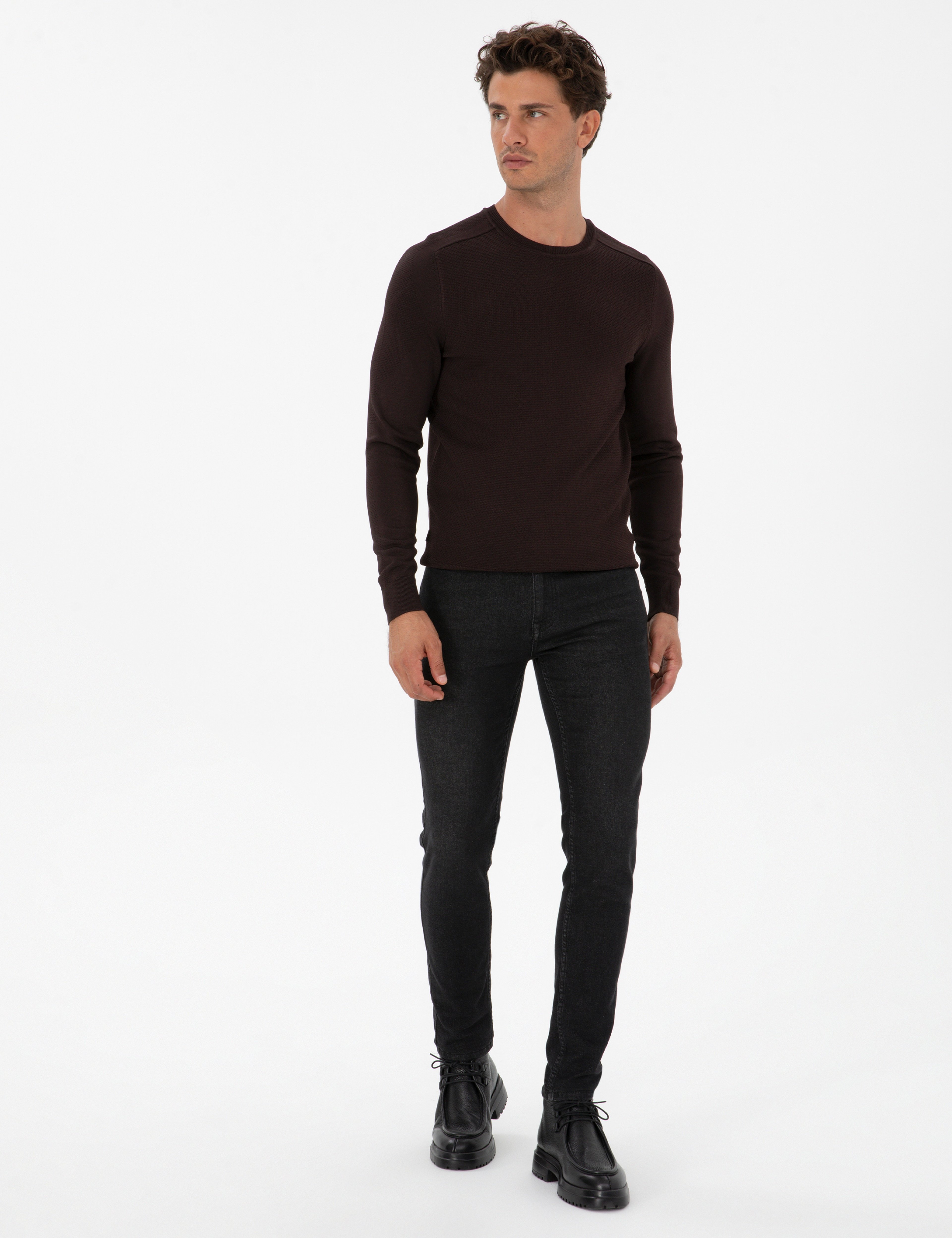 Koyu Kahverengi Slim Fit Bisiklet Yaka Rayon Triko Kazak