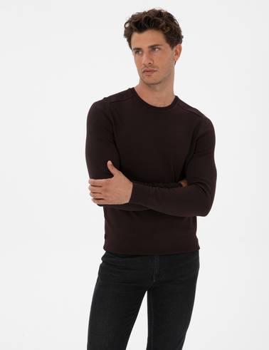 Koyu Kahverengi Slim Fit Bisiklet Yaka Rayon Triko Kazak
