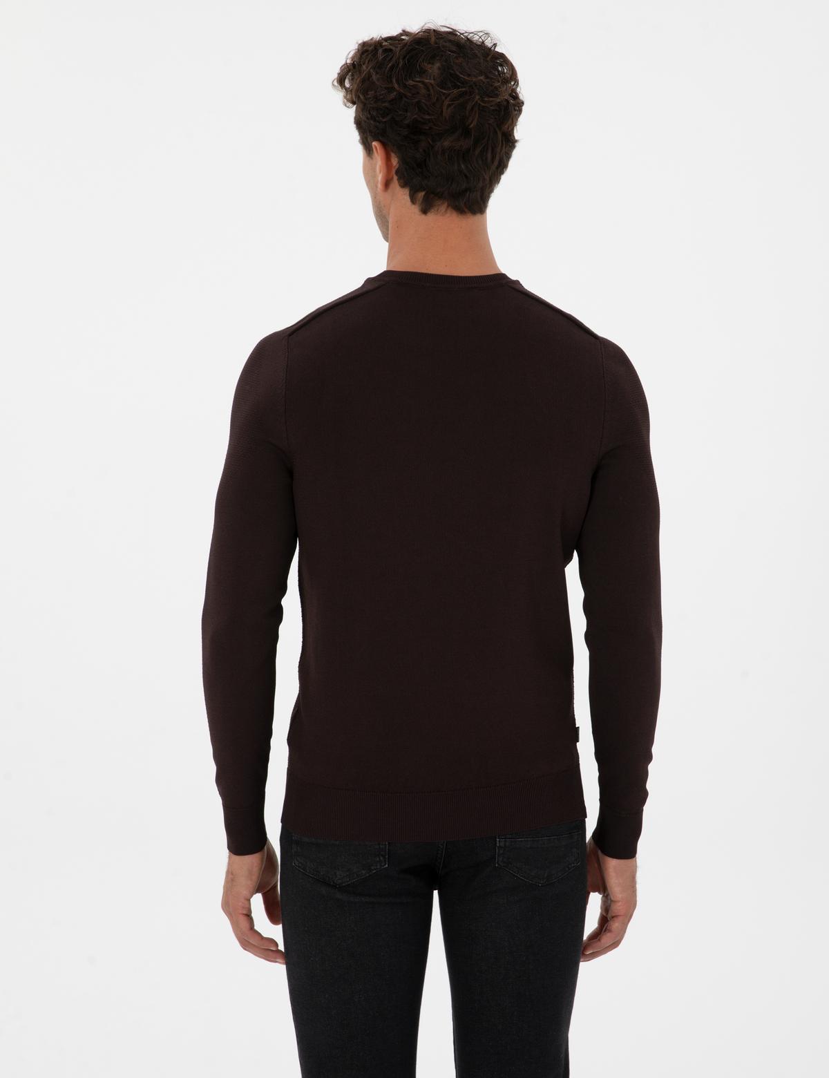 Koyu Kahverengi Slim Fit Bisiklet Yaka Rayon Triko Kazak - 50315763007