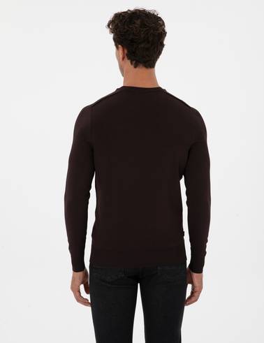 Koyu Kahverengi Slim Fit Bisiklet Yaka Rayon Triko Kazak