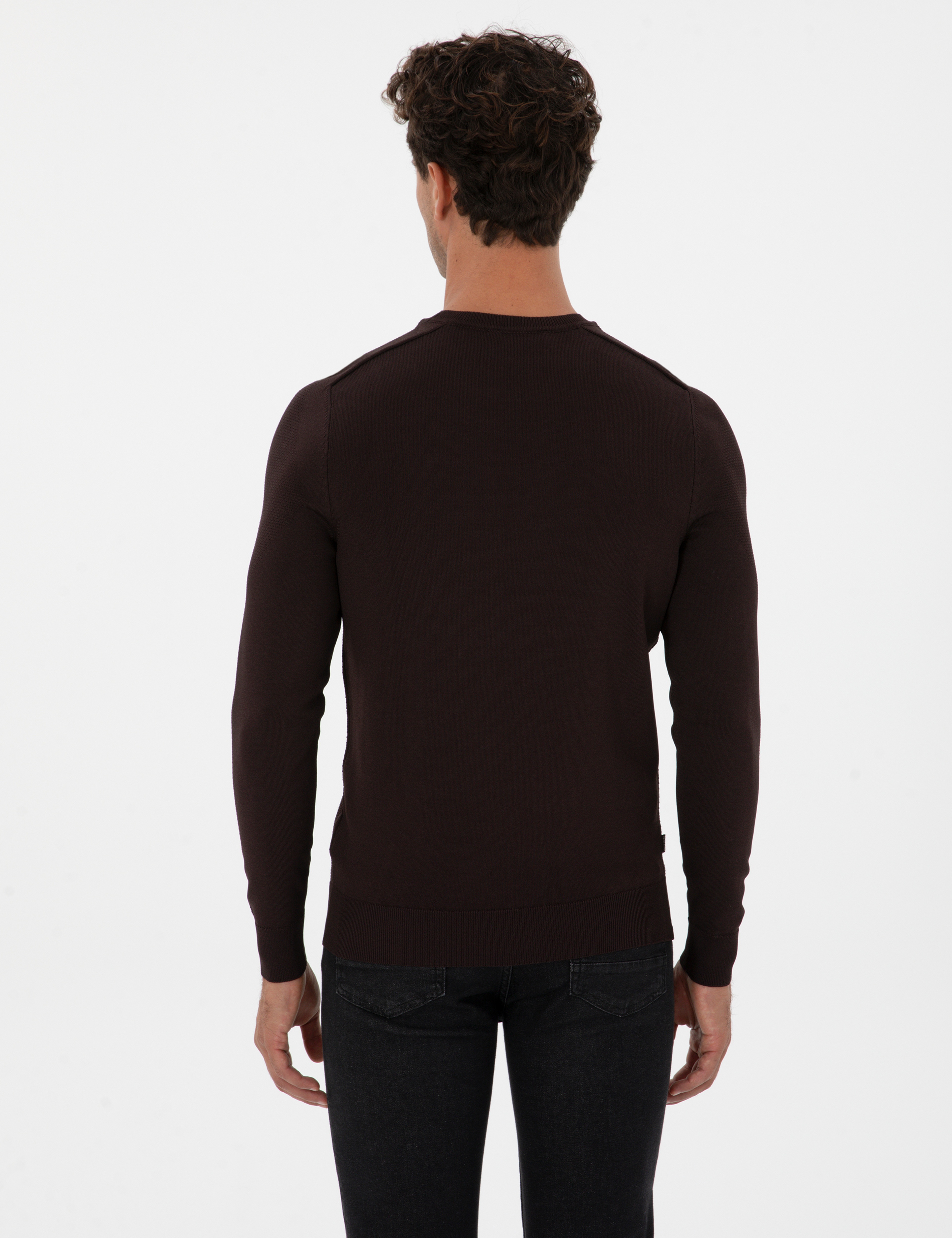 Koyu Kahverengi Slim Fit Bisiklet Yaka Rayon Triko Kazak - Image 5