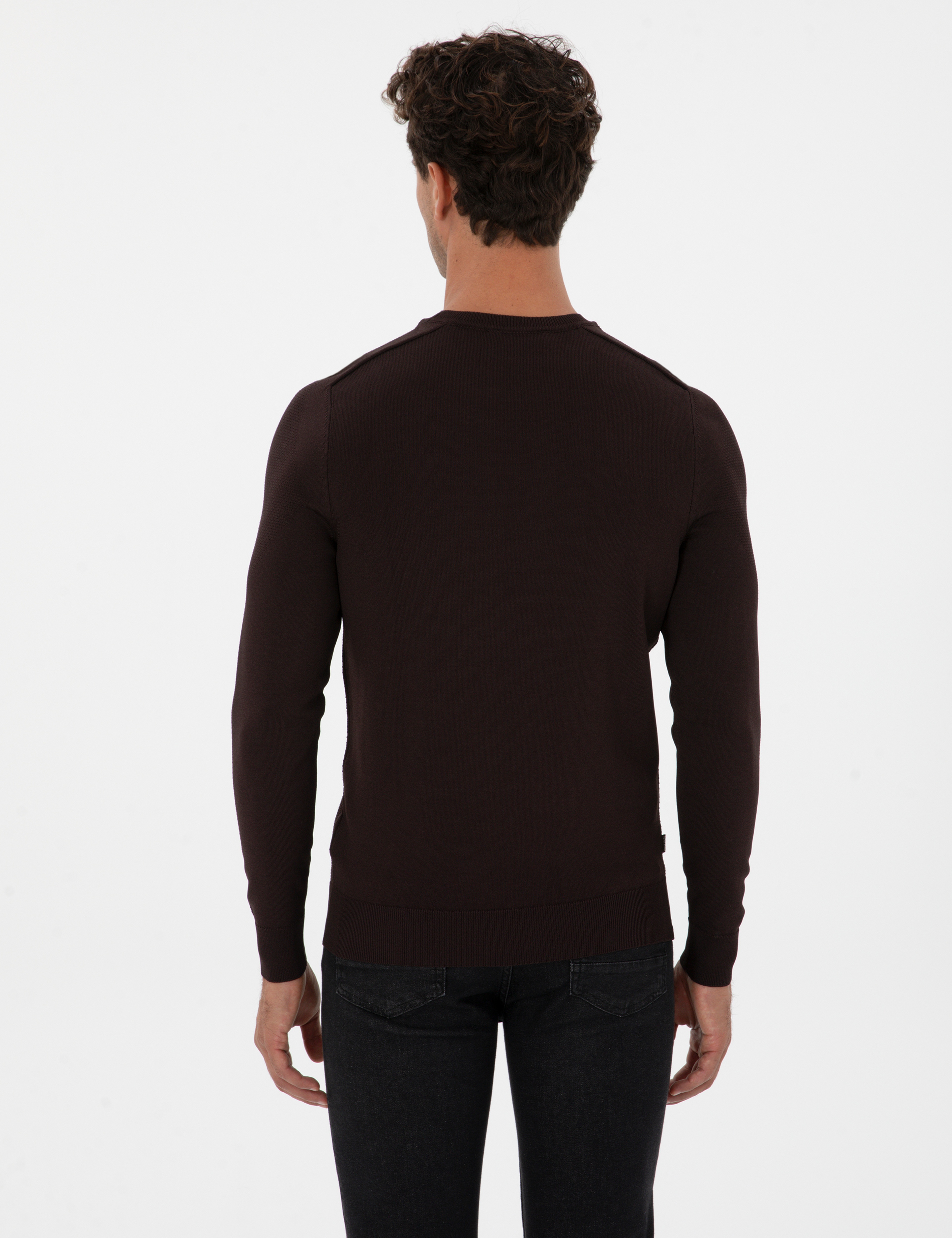 Koyu Kahverengi Slim Fit Bisiklet Yaka Rayon Triko Kazak