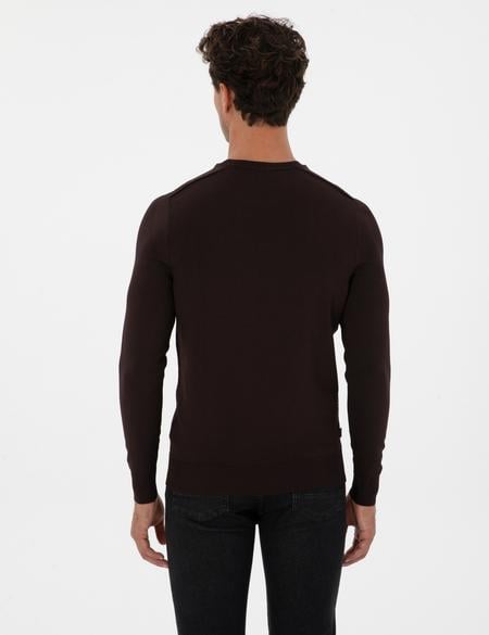 Koyu Kahverengi Slim Fit Bisiklet Yaka Rayon Triko Kazak - 50315763007