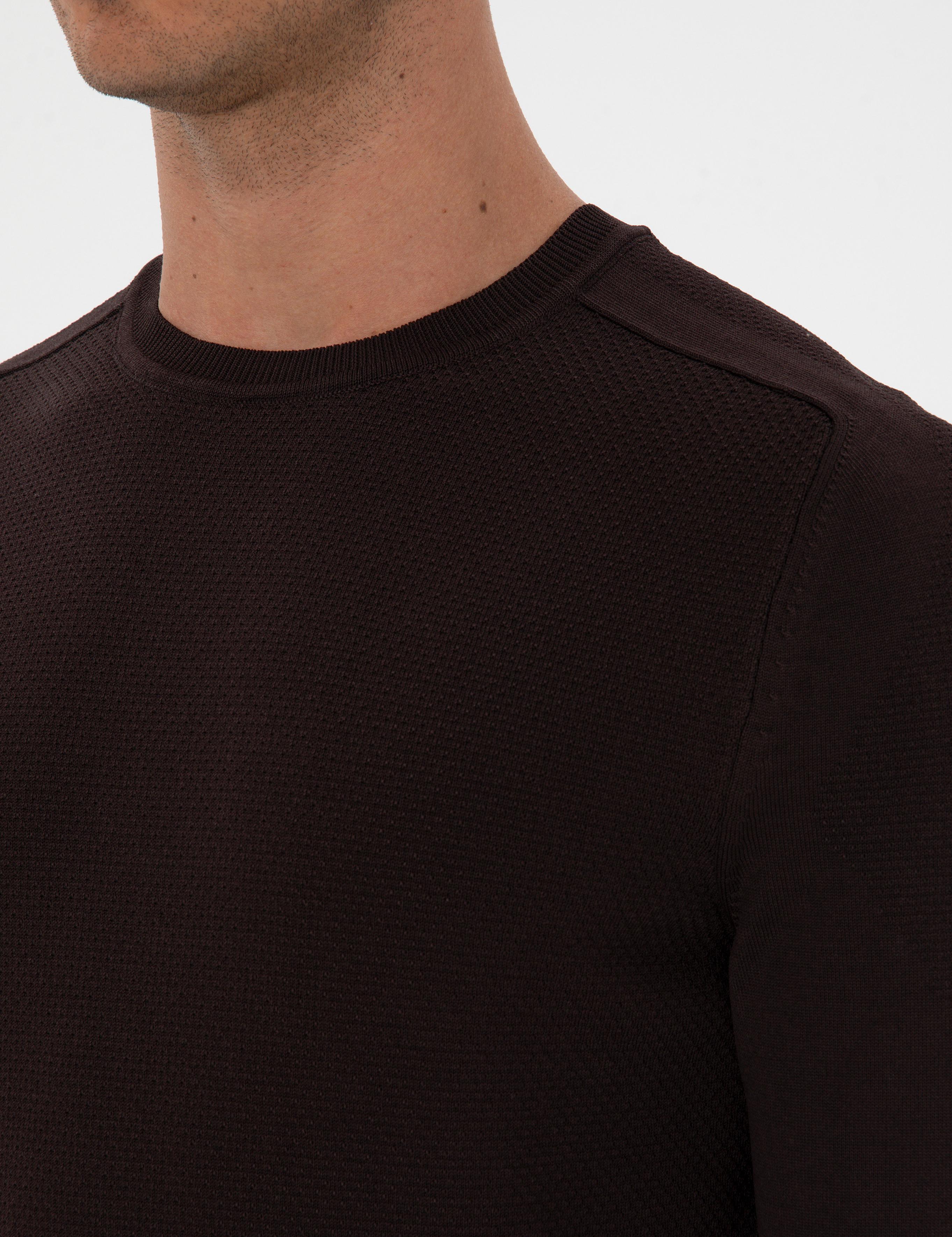 Koyu Kahverengi Slim Fit Bisiklet Yaka Rayon Triko Kazak