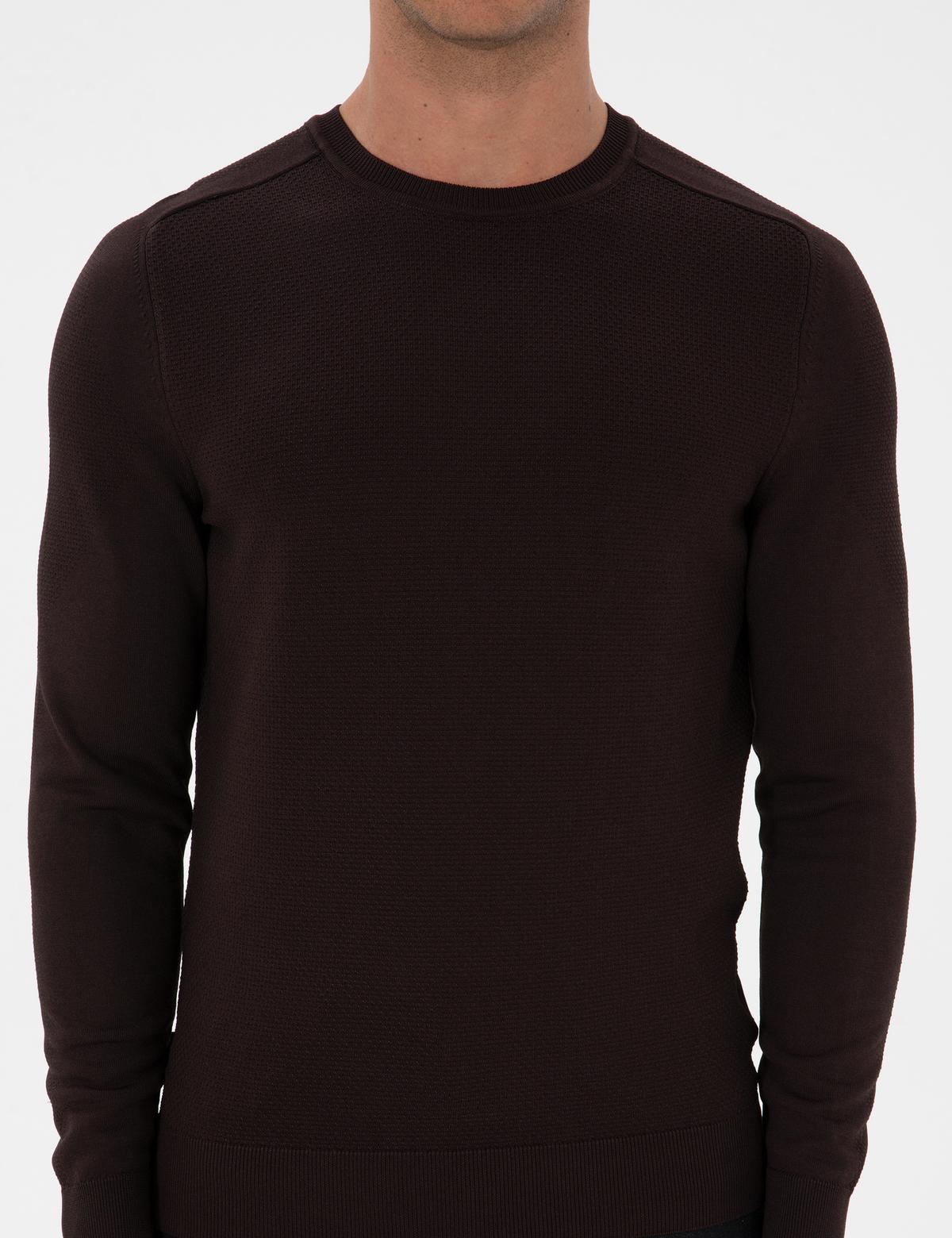 Koyu Kahverengi Slim Fit Bisiklet Yaka Rayon Triko Kazak - 50315763007