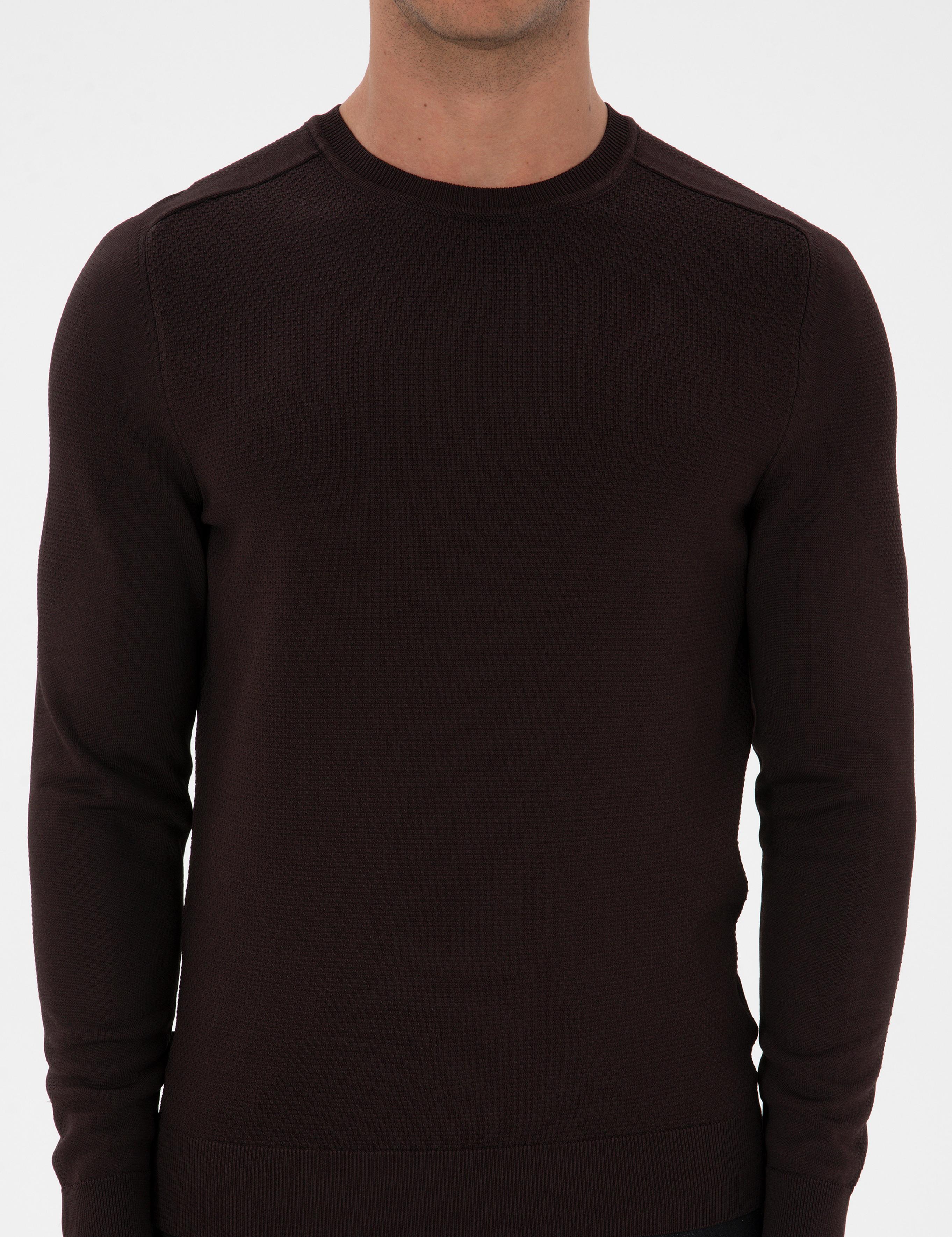 Koyu Kahverengi Slim Fit Bisiklet Yaka Rayon Triko Kazak