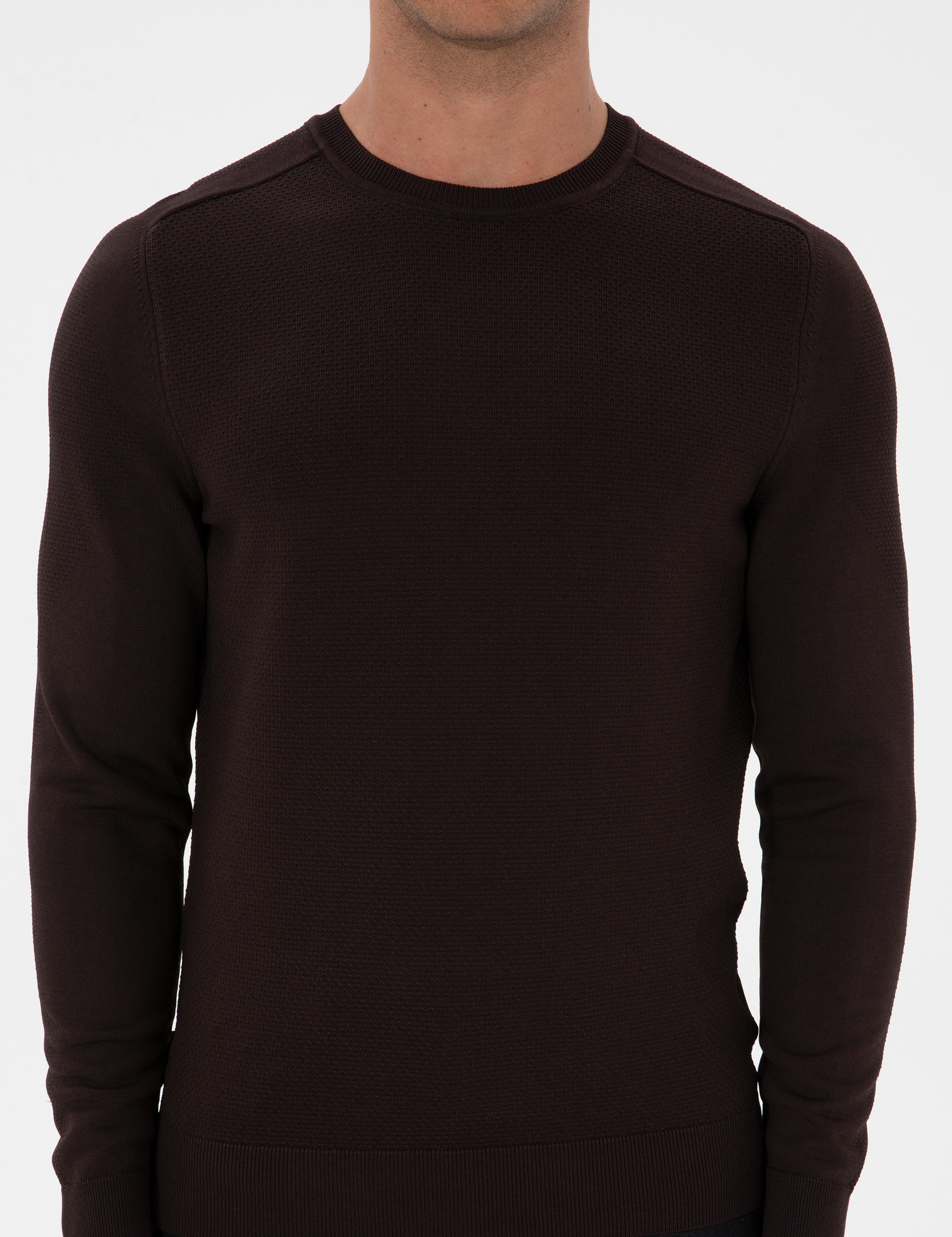 Koyu Kahverengi Slim Fit Bisiklet Yaka Rayon Triko Kazak - Image 6