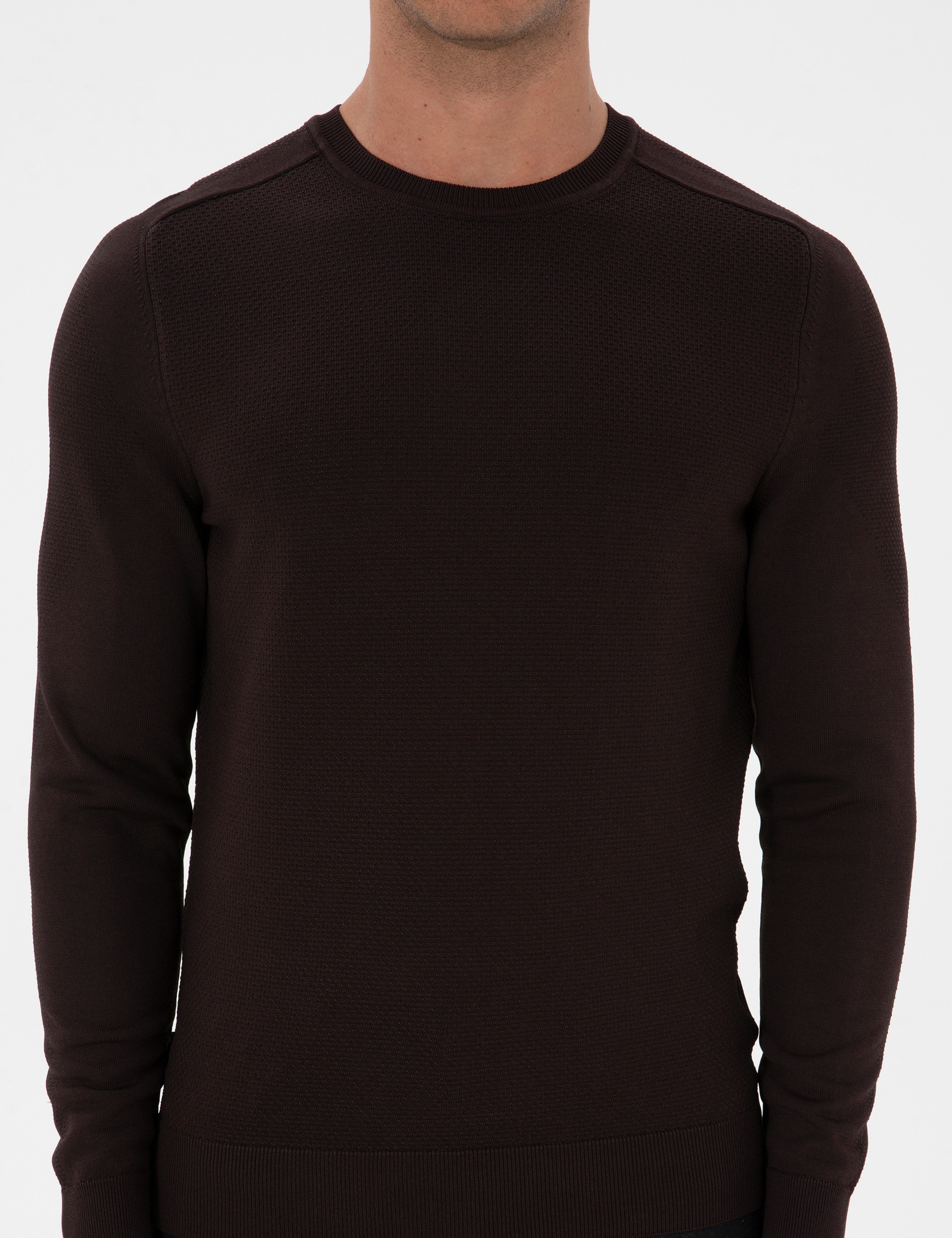Koyu Kahverengi Slim Fit Bisiklet Yaka Rayon Triko Kazak