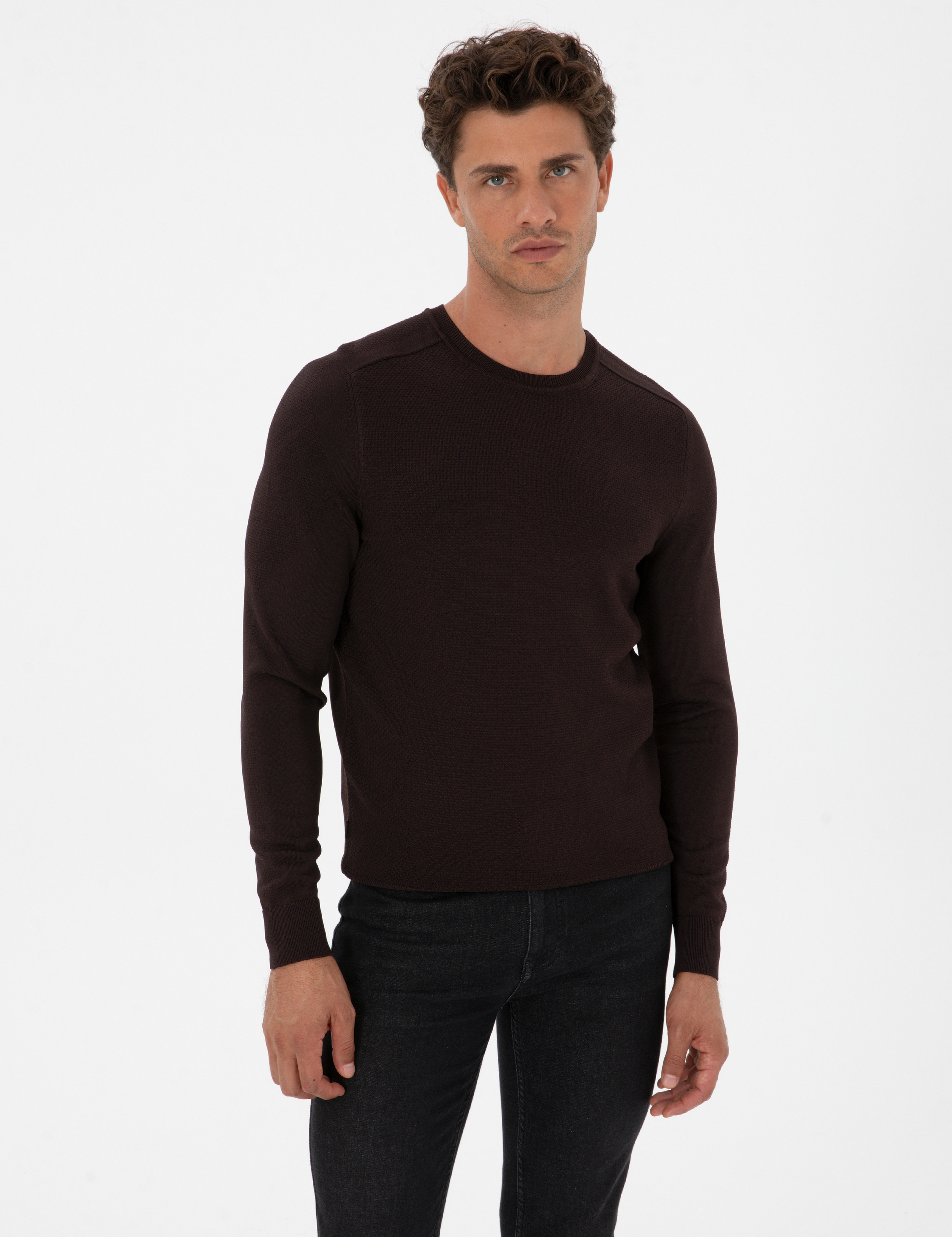 Koyu Kahverengi Slim Fit Bisiklet Yaka Rayon Triko Kazak - Image 1