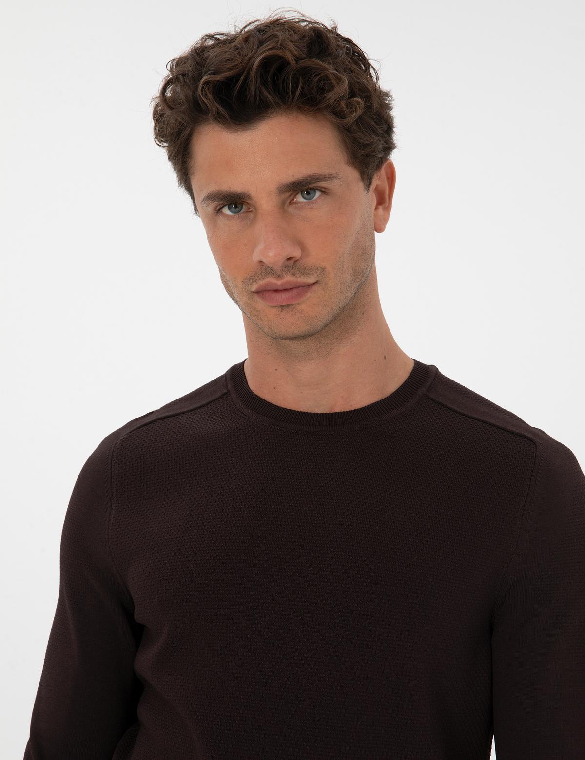 Koyu Kahverengi Slim Fit Bisiklet Yaka Rayon Triko Kazak - 50315763007