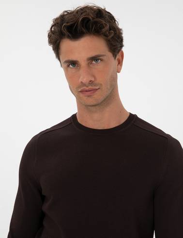Koyu Kahverengi Slim Fit Bisiklet Yaka Rayon Triko Kazak