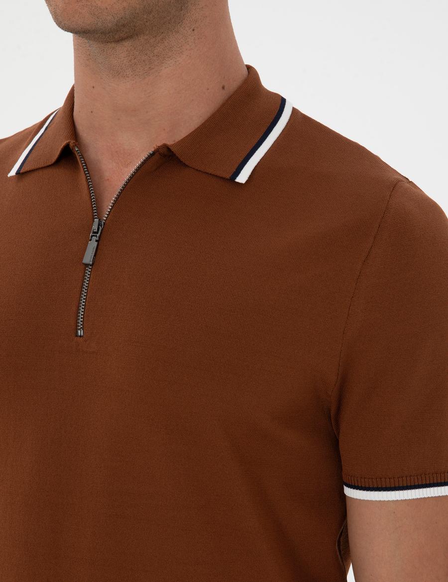 Kahverengi Slim Fit Polo Yaka Fermuarlı Triko Kazak