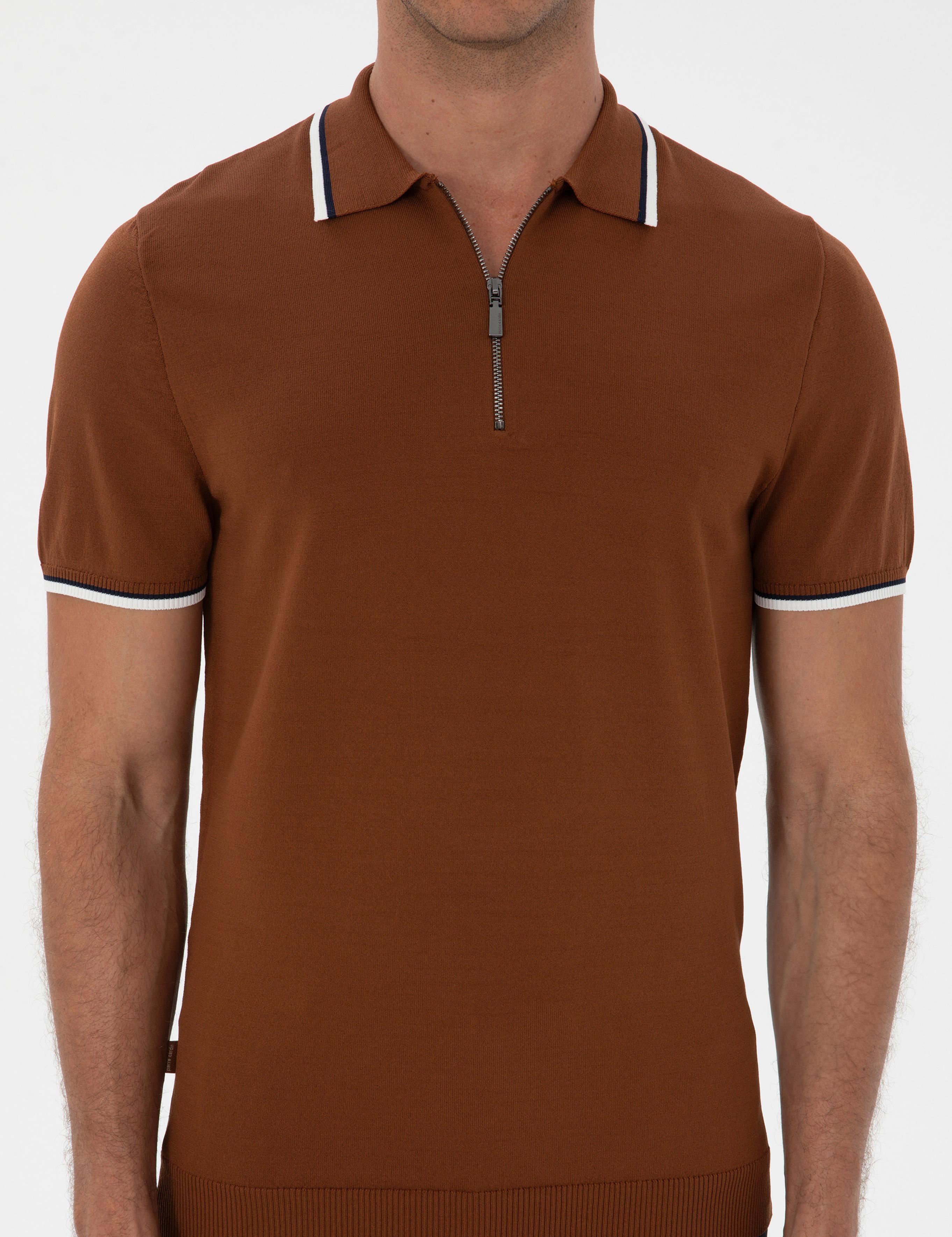Kahverengi Slim Fit Polo Yaka Fermuarlı Triko Kazak