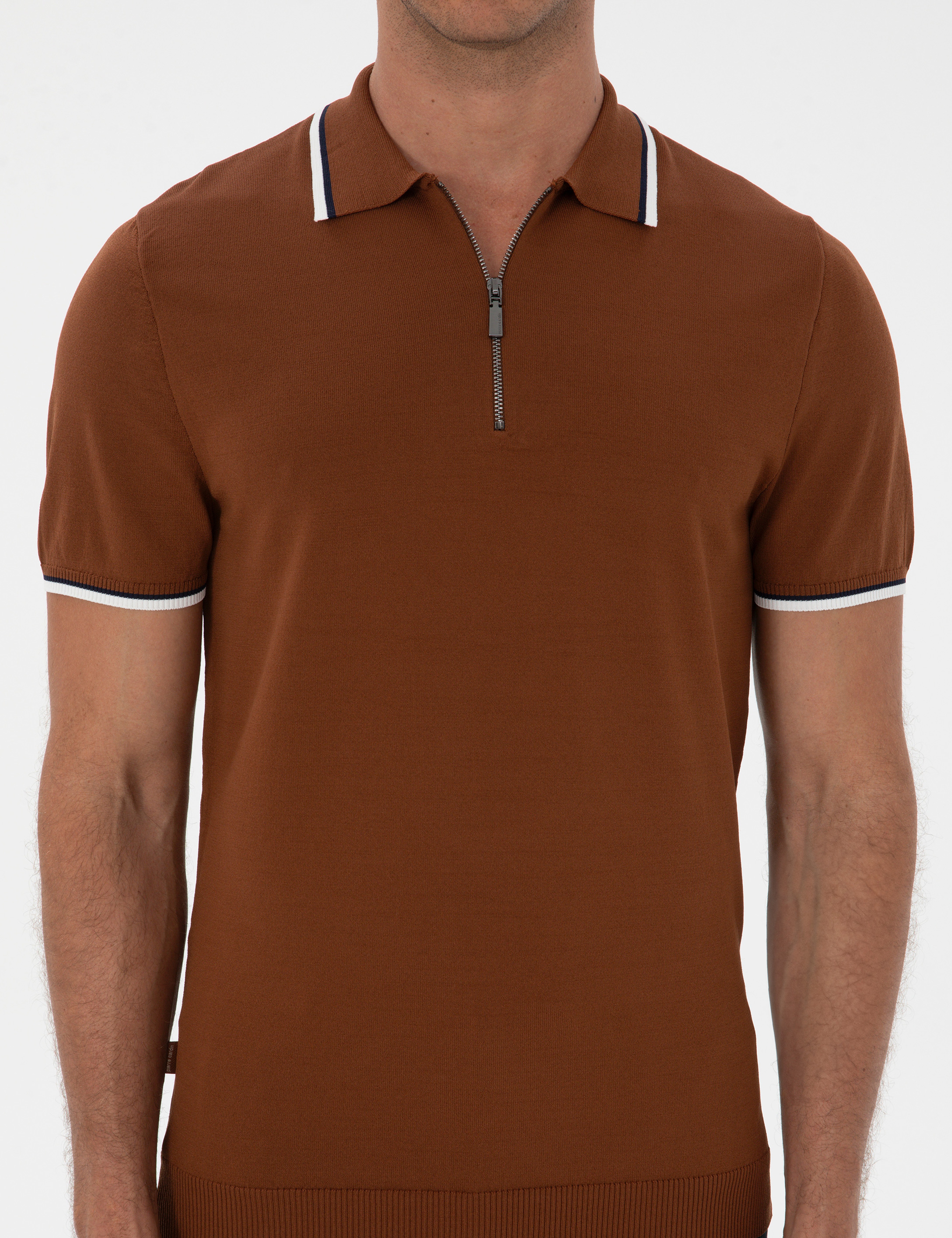 Kahverengi Slim Fit Polo Yaka Fermuarlı Triko Kazak - Image 6