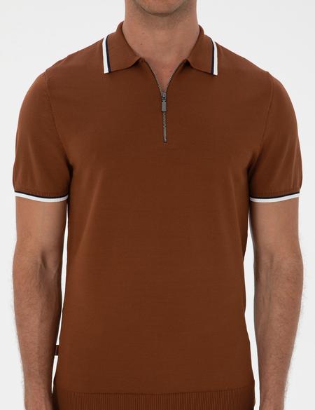 Kahverengi Slim Fit Polo Yaka Fermuarlı Triko Kazak - 50315745017