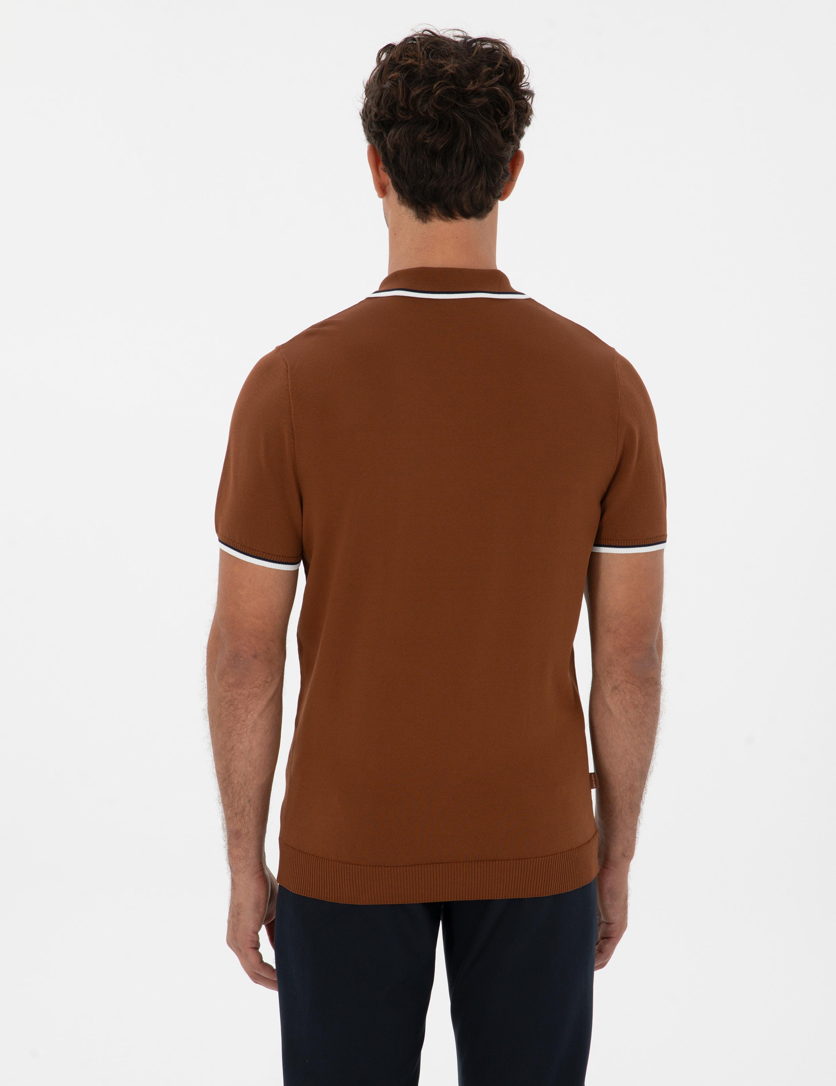 Kahverengi Slim Fit Polo Yaka Fermuarlı Triko Kazak