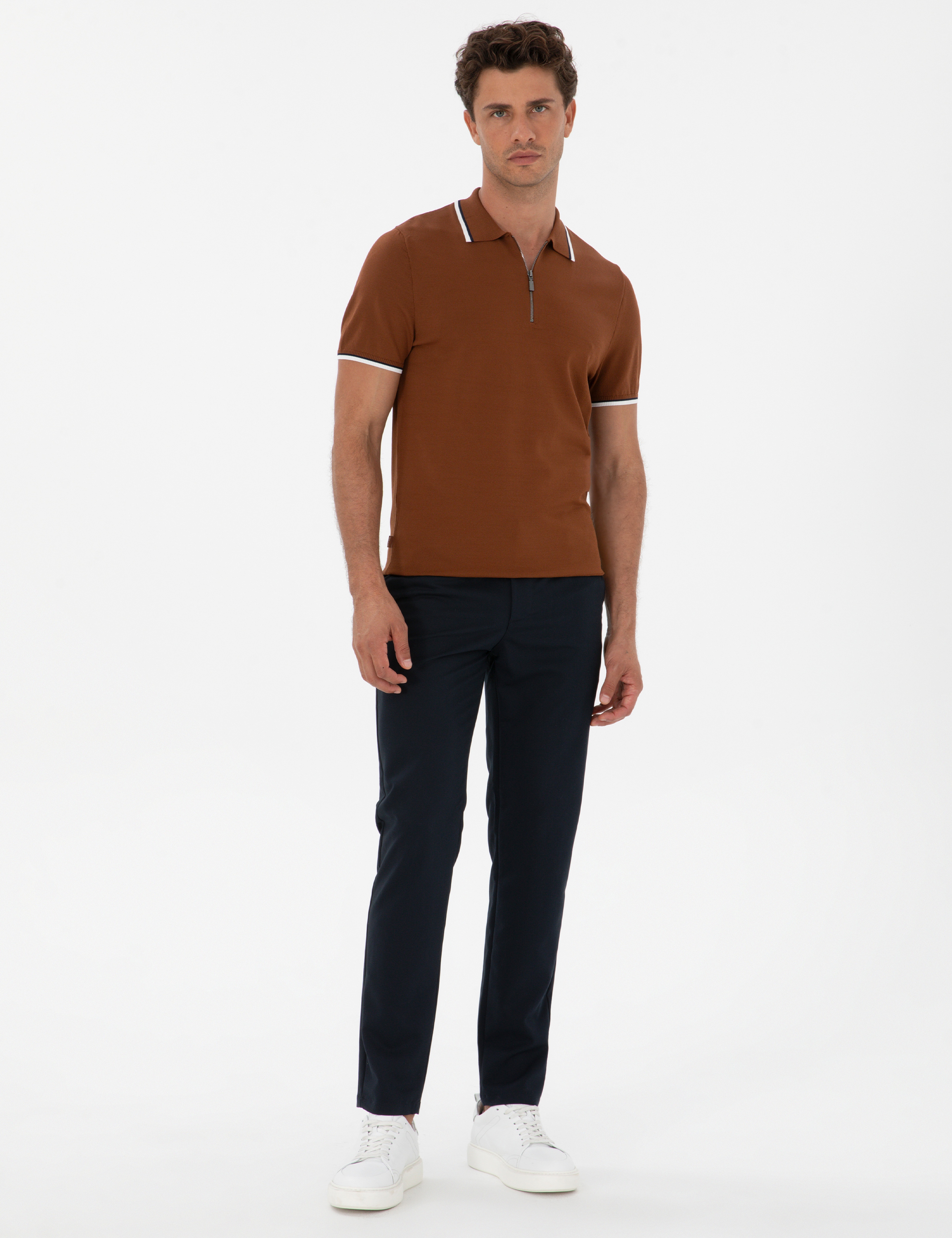 Kahverengi Slim Fit Polo Yaka Fermuarlı Triko Kazak