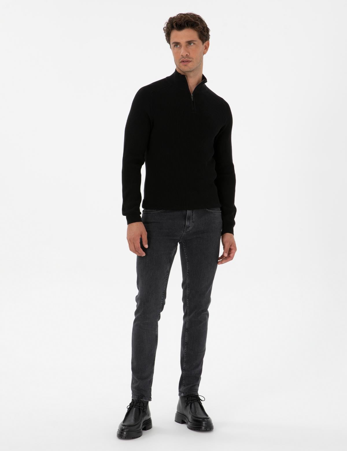 Siyah Slim Fit Dik Yaka Fermuarlı Triko Kazak - 50315732026