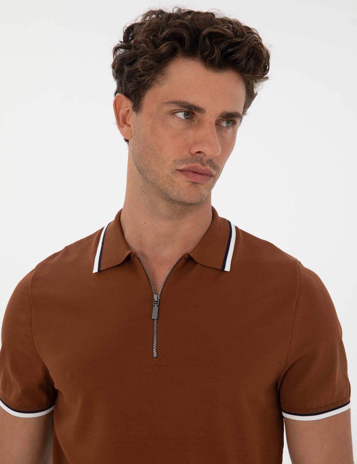 Kahverengi Slim Fit Polo Yaka Fermuarlı Triko Kazak - 50315745017