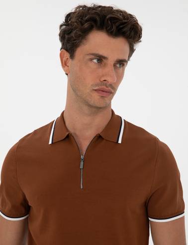 Kahverengi Slim Fit Polo Yaka Fermuarlı Triko Kazak