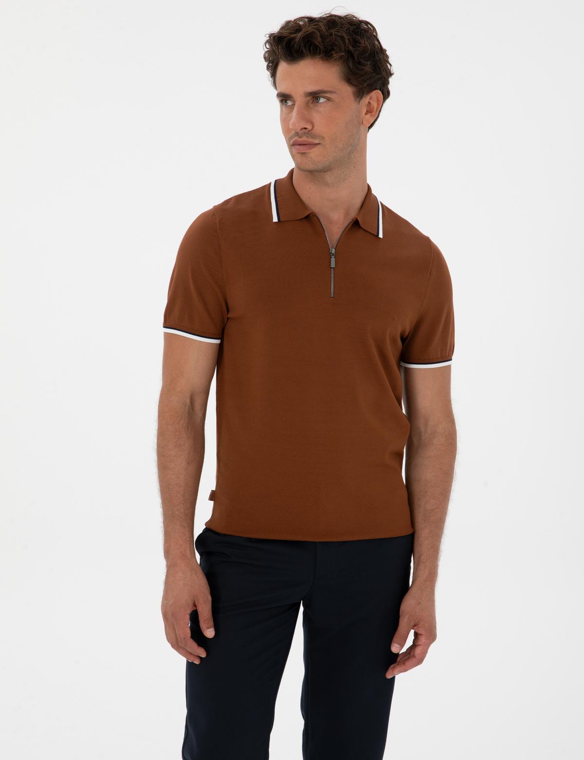 Kahverengi Slim Fit Polo Yaka Fermuarlı Triko Kazak - 50315745017