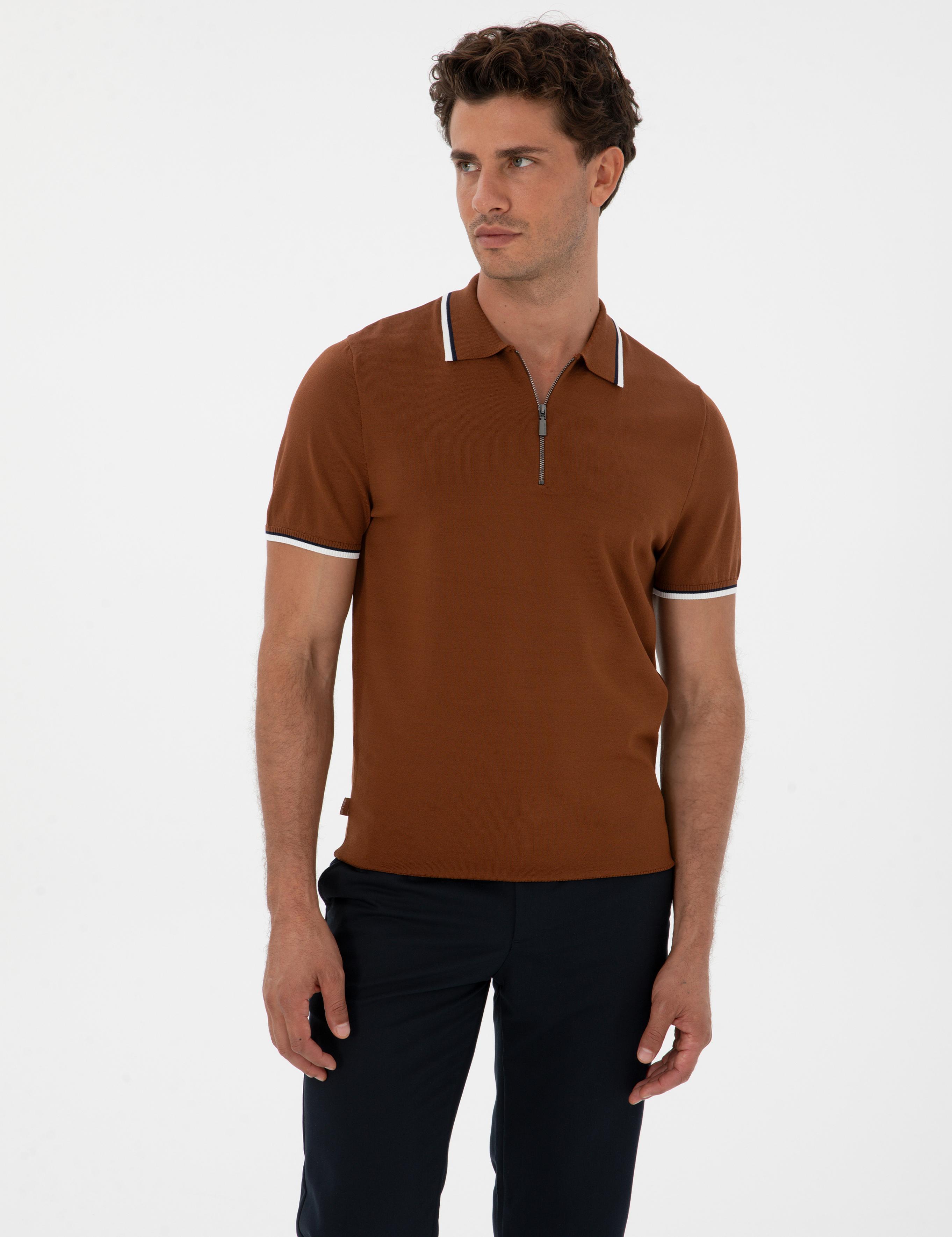 Kahverengi Slim Fit Polo Yaka Fermuarlı Triko Kazak
