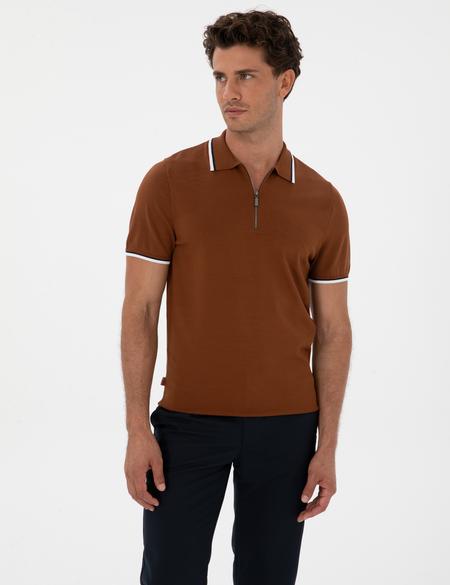 Kahverengi Slim Fit Polo Yaka Fermuarlı Triko Kazak - 50315745017