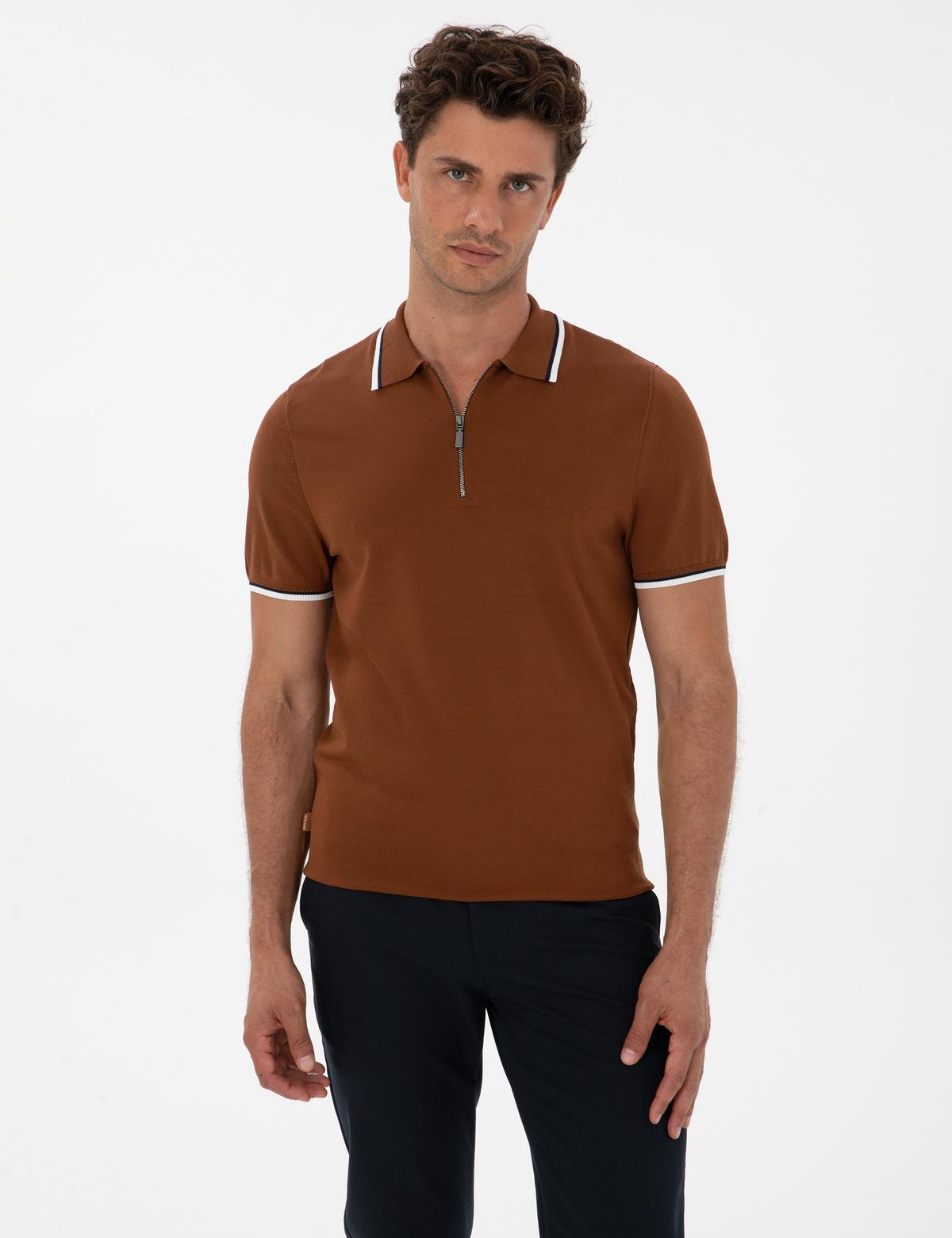 Kahverengi Slim Fit Polo Yaka Fermuarlı Triko Kazak