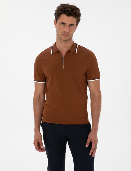 Kahverengi Slim Fit Polo Yaka Fermuarlı Triko Kazak - 50315745017