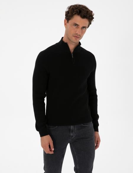 Siyah Slim Fit Dik Yaka Fermuarlı Triko Kazak - 50315732026