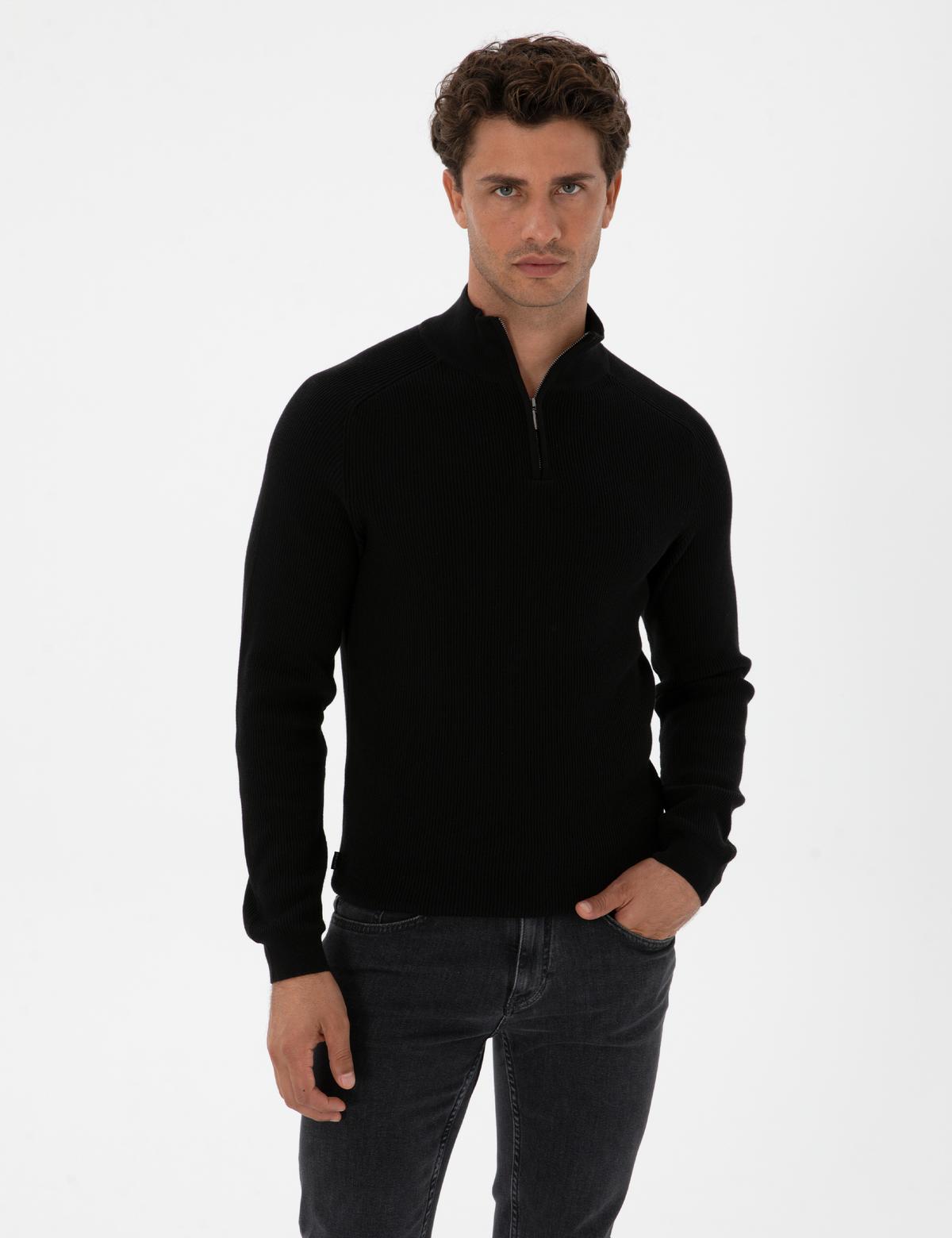 Siyah Slim Fit Dik Yaka Fermuarlı Triko Kazak
