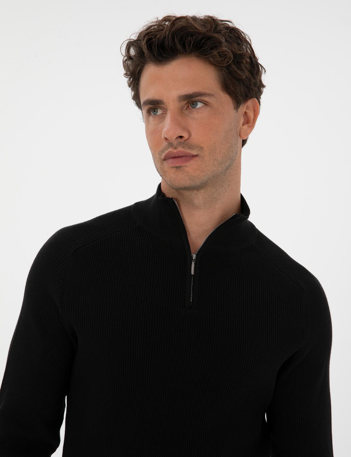Siyah Slim Fit Dik Yaka Fermuarlı Triko Kazak - 50315732026