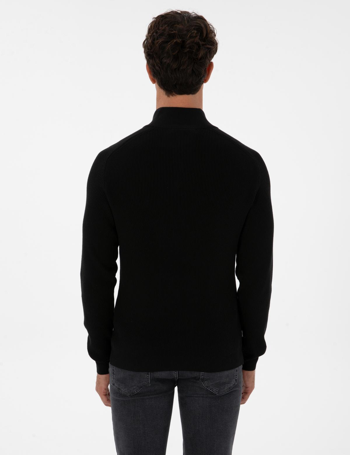 Siyah Slim Fit Dik Yaka Fermuarlı Triko Kazak - 50315732026