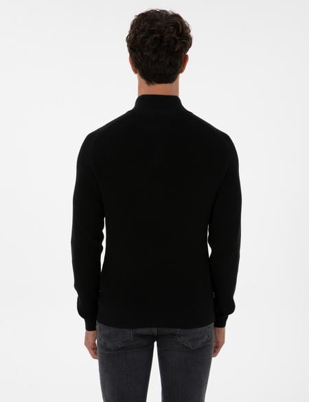Siyah Slim Fit Dik Yaka Fermuarlı Triko Kazak - 50315732026