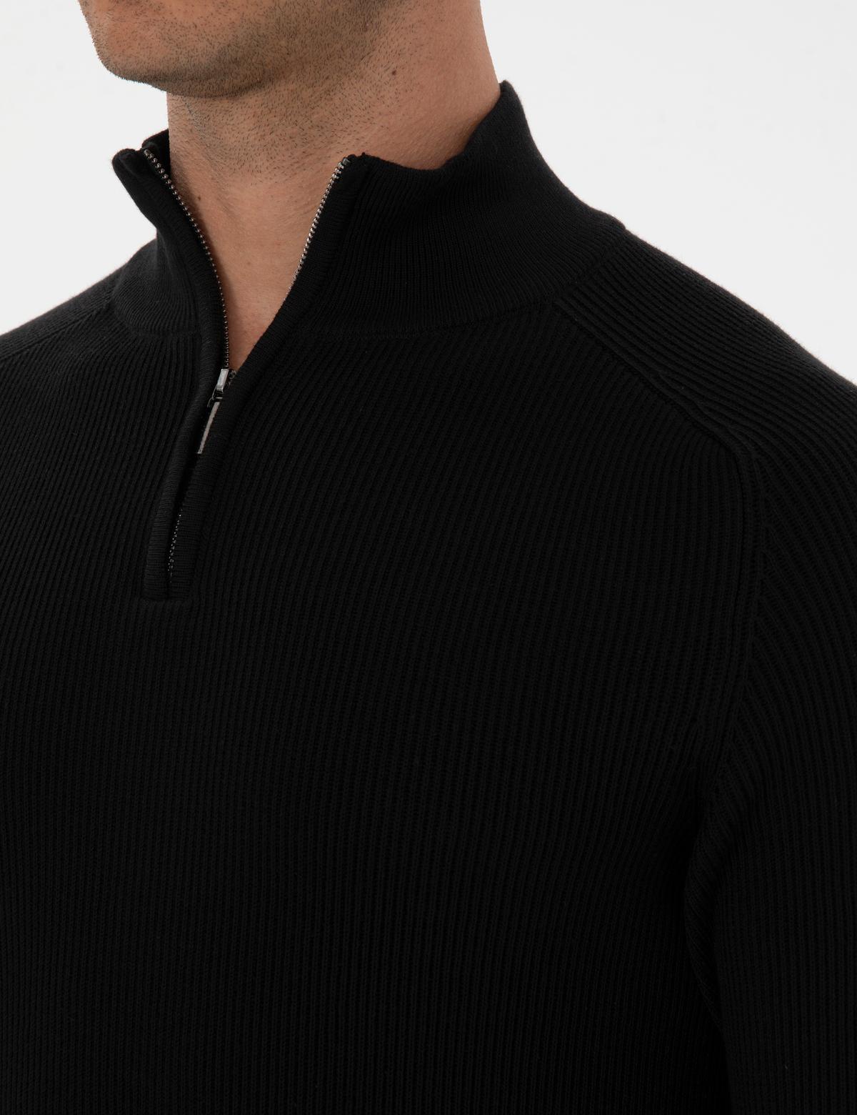 Siyah Slim Fit Dik Yaka Fermuarlı Triko Kazak - 50315732026