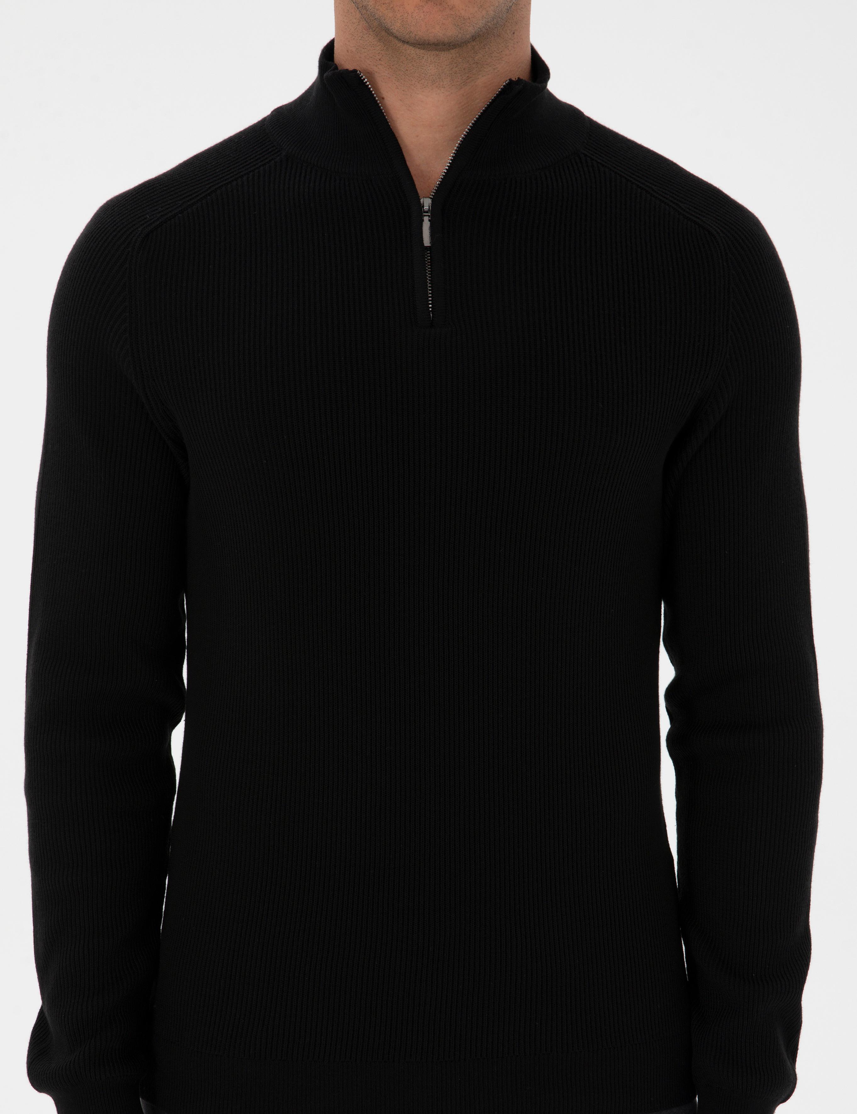 Siyah Slim Fit Dik Yaka Fermuarlı Triko Kazak