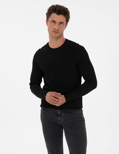 Siyah Slim Fit Bisiklet Yaka Rayon Triko Kazak