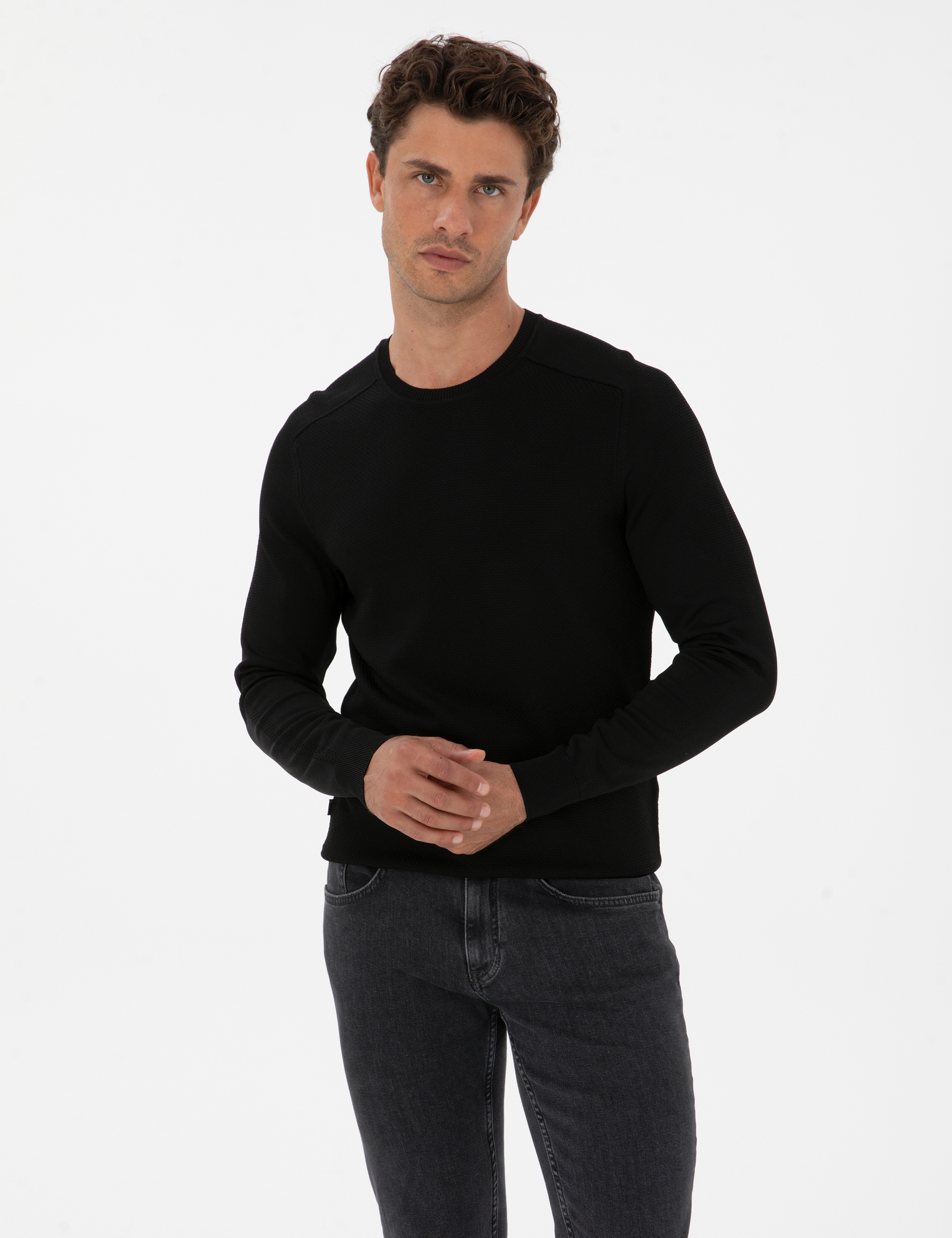 Siyah Slim Fit Bisiklet Yaka Rayon Triko Kazak - Image 1
