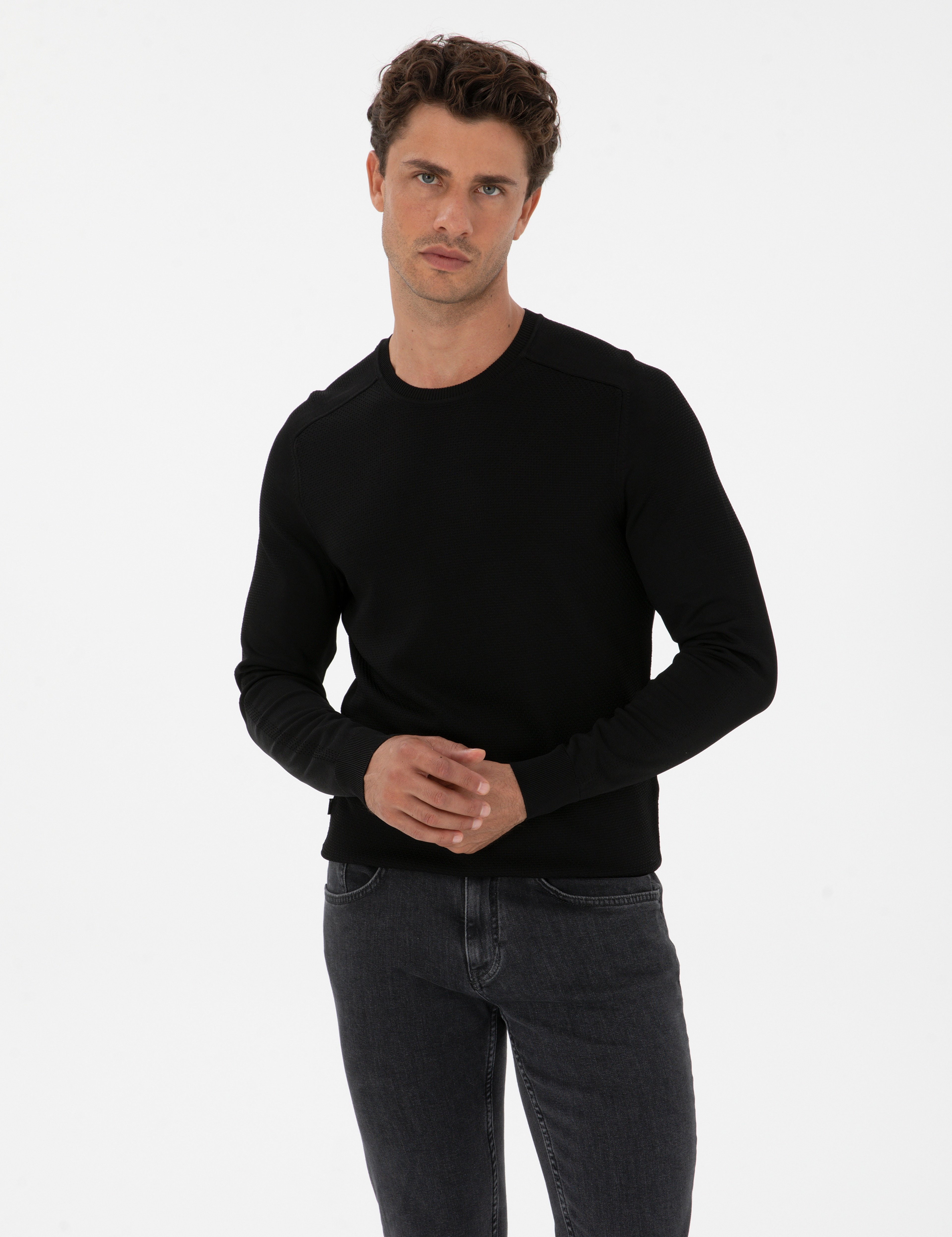 Siyah Slim Fit Bisiklet Yaka Rayon Triko Kazak