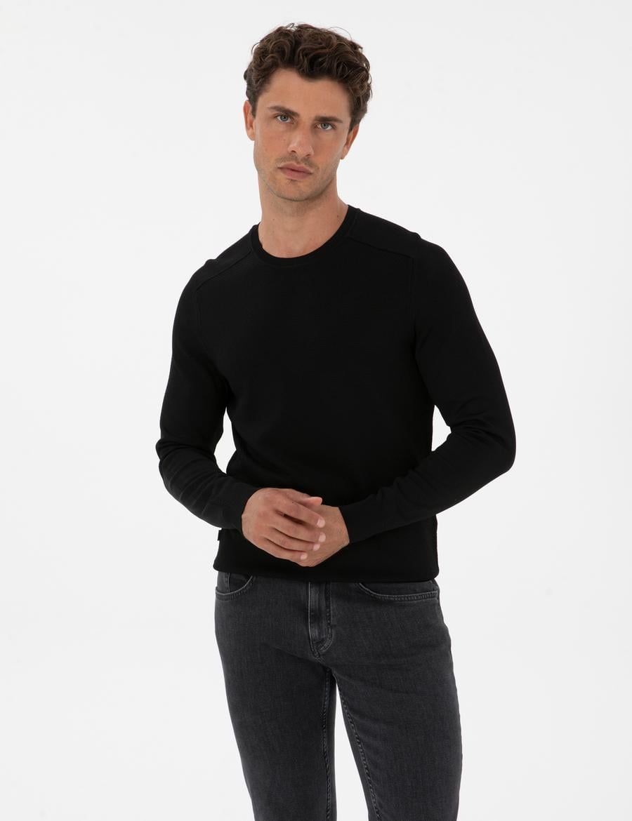 Siyah Slim Fit Bisiklet Yaka Rayon Triko Kazak