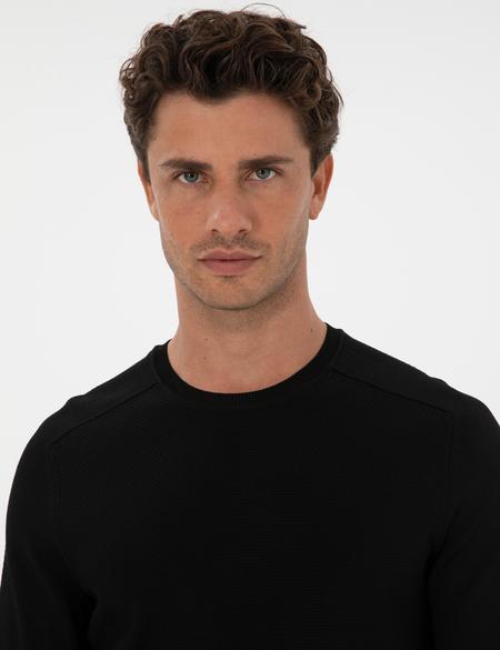 Siyah Slim Fit Bisiklet Yaka Rayon Triko Kazak - 50315763011