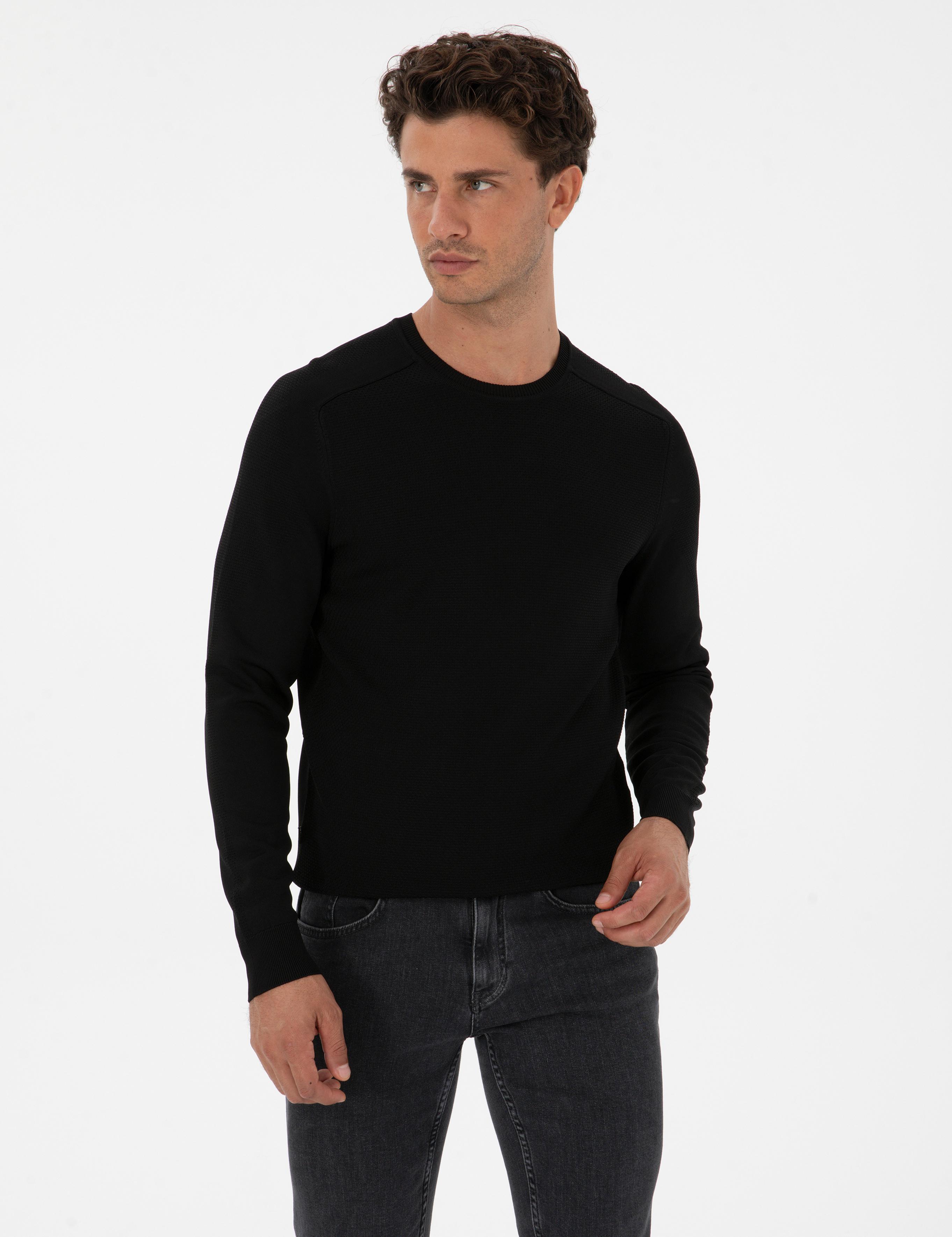 Siyah Slim Fit Bisiklet Yaka Rayon Triko Kazak