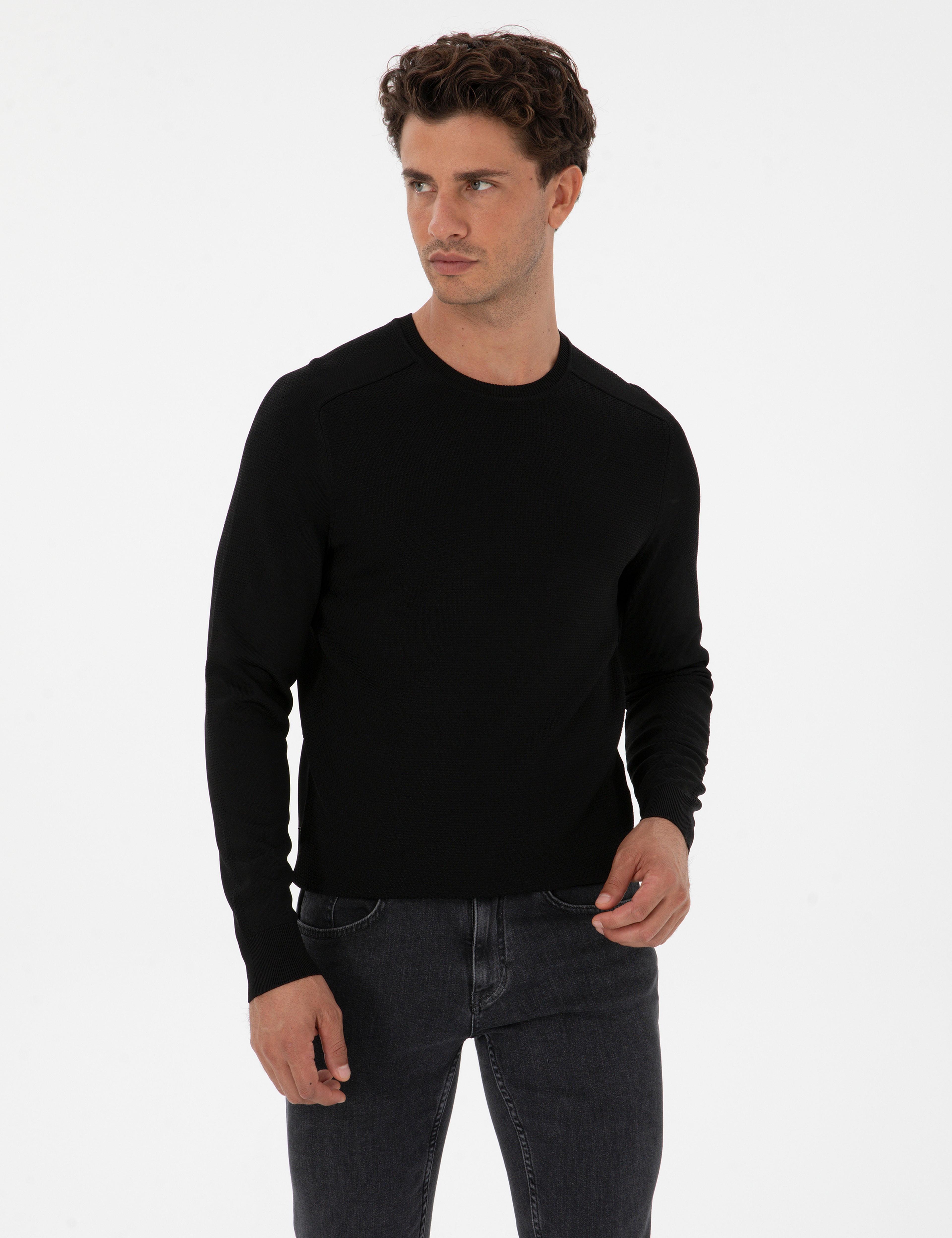Siyah Slim Fit Bisiklet Yaka Rayon Triko Kazak - Image 3