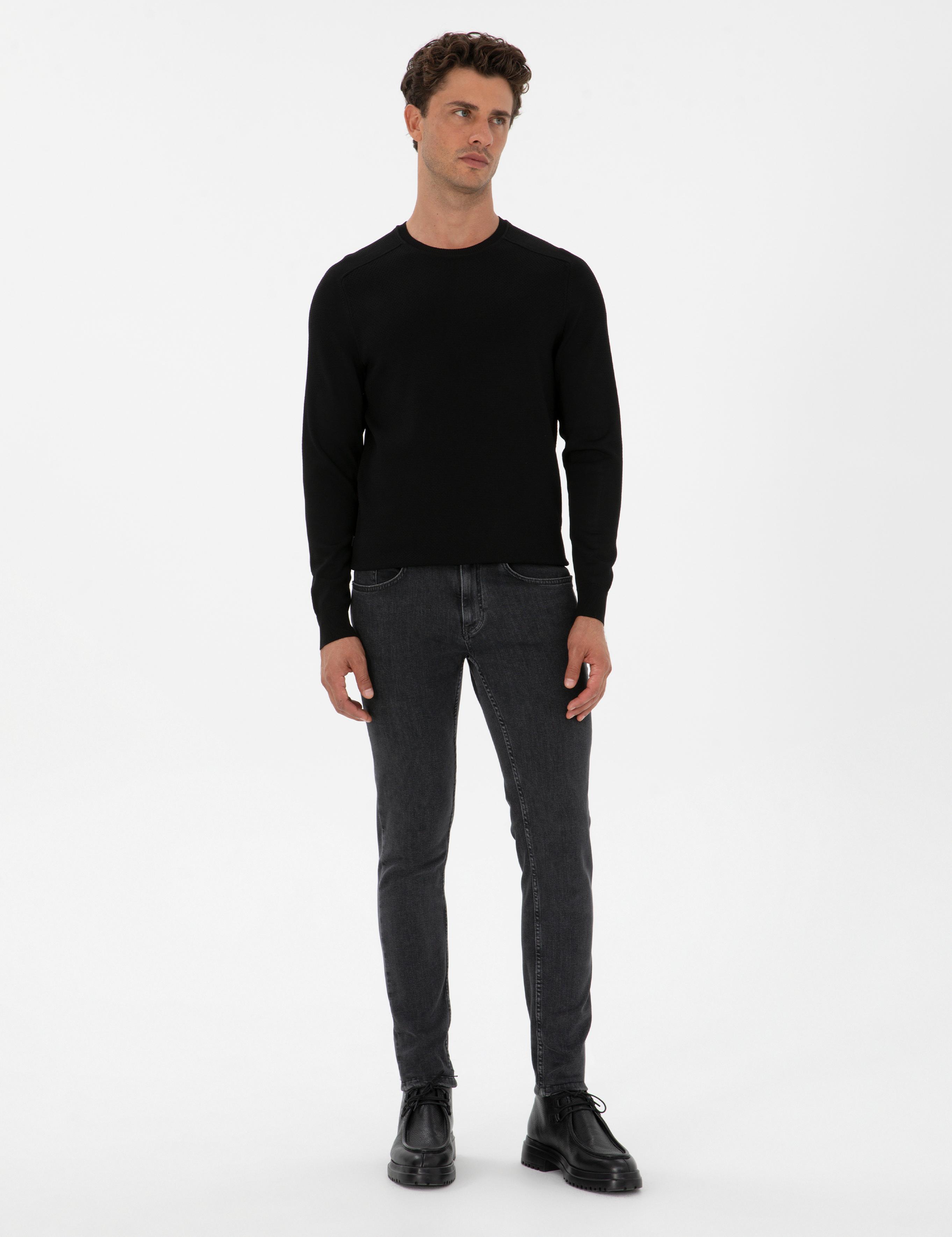 Siyah Slim Fit Bisiklet Yaka Rayon Triko Kazak