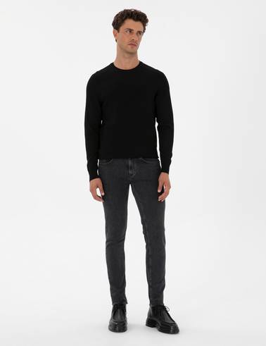 Siyah Slim Fit Bisiklet Yaka Rayon Triko Kazak