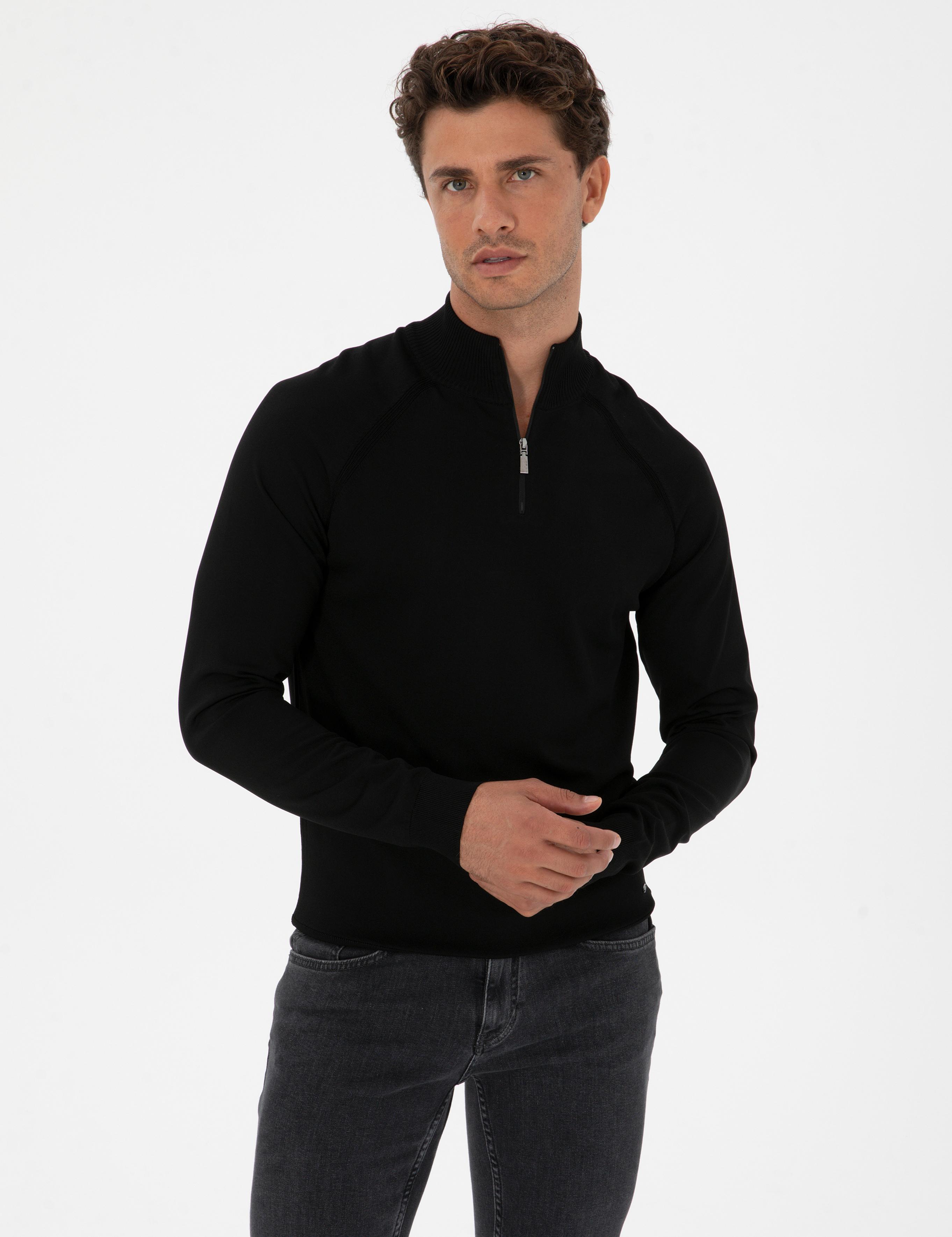 Siyah Slim Fit Dik Yaka Fermuarlı Triko Kazak
