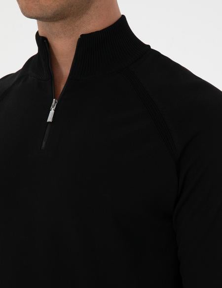 Siyah Slim Fit Dik Yaka Fermuarlı Triko Kazak - 50315752003